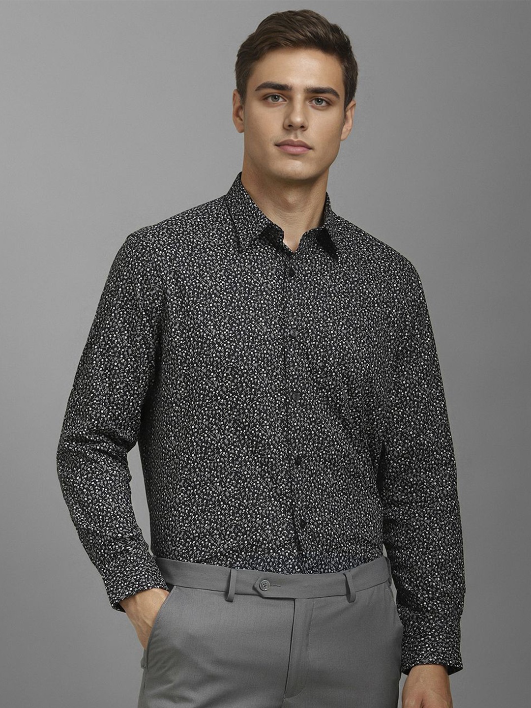 

Louis Philippe Men Classic Spread Collar Floral Printed Cotton Formal Shirt, Black