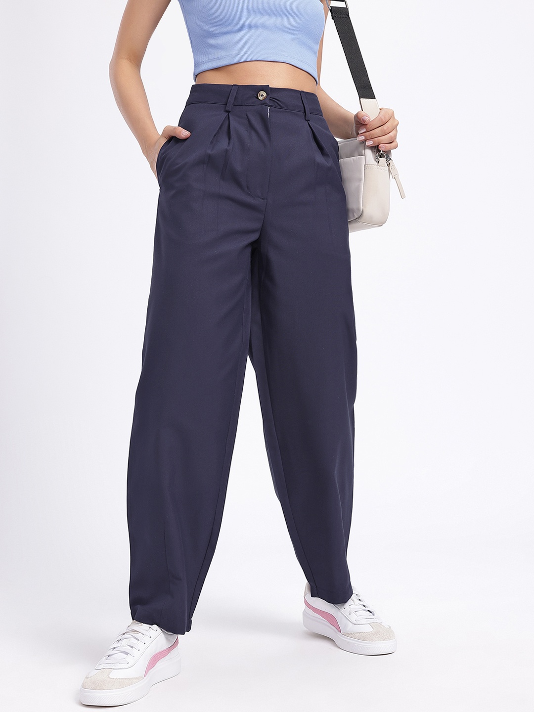 

glitchez Women Pleated Perfection Relaxed Fit Trousers, Navy blue