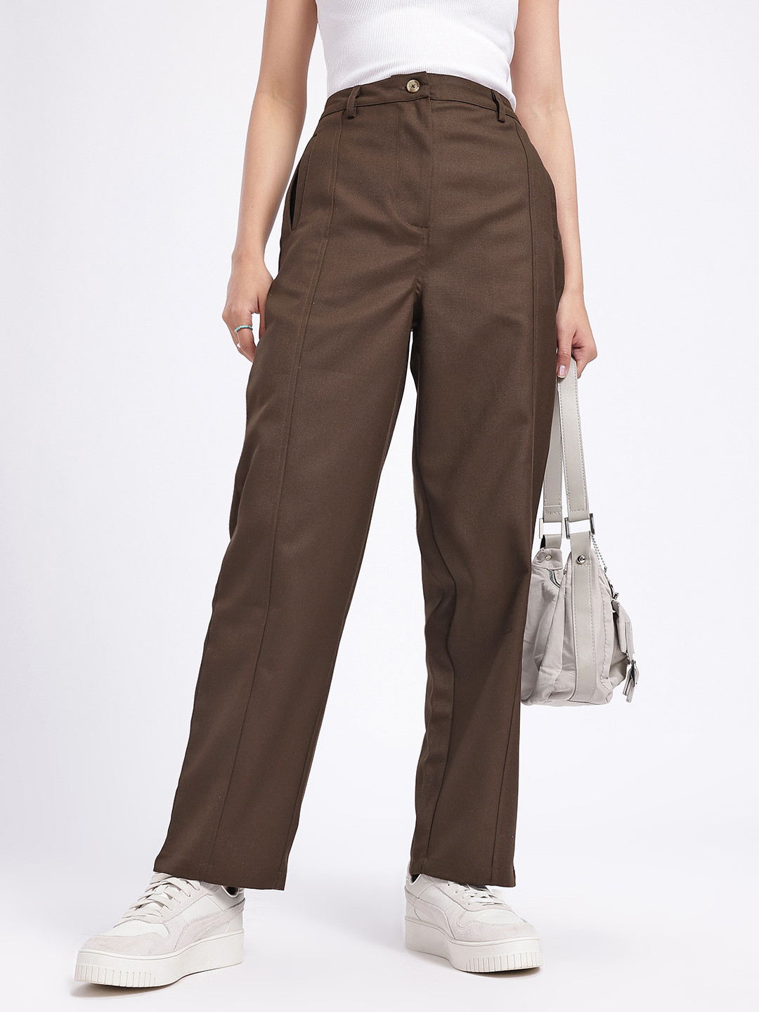 

glitchez Women Comfy Allure Mid-Rise Relaxed Fit Trousers, Brown