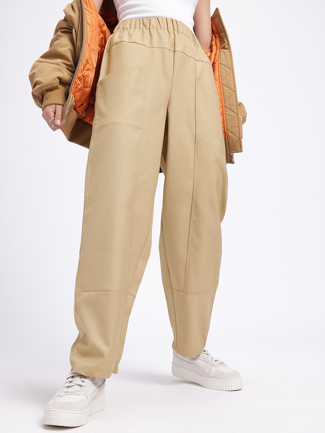 

glitchez Women Effortlessly Comfy Mid-Rise Relaxed Fit Trousers, Khaki