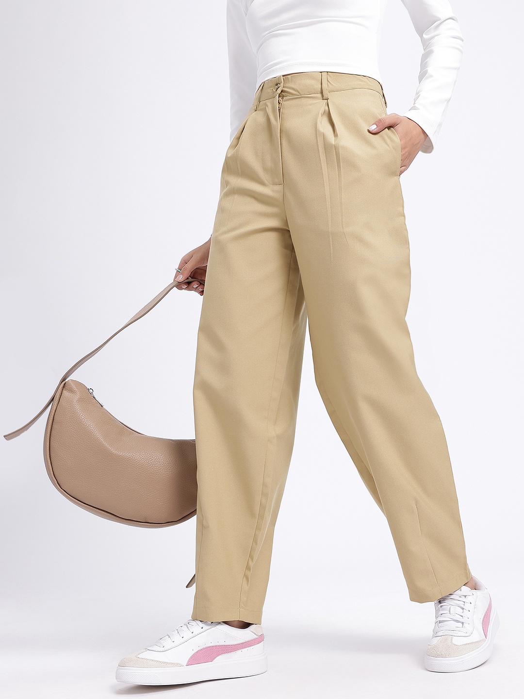 

glitchez Women Relaxed Grunge Mid-Rise Pleated Detail Trousers, Khaki