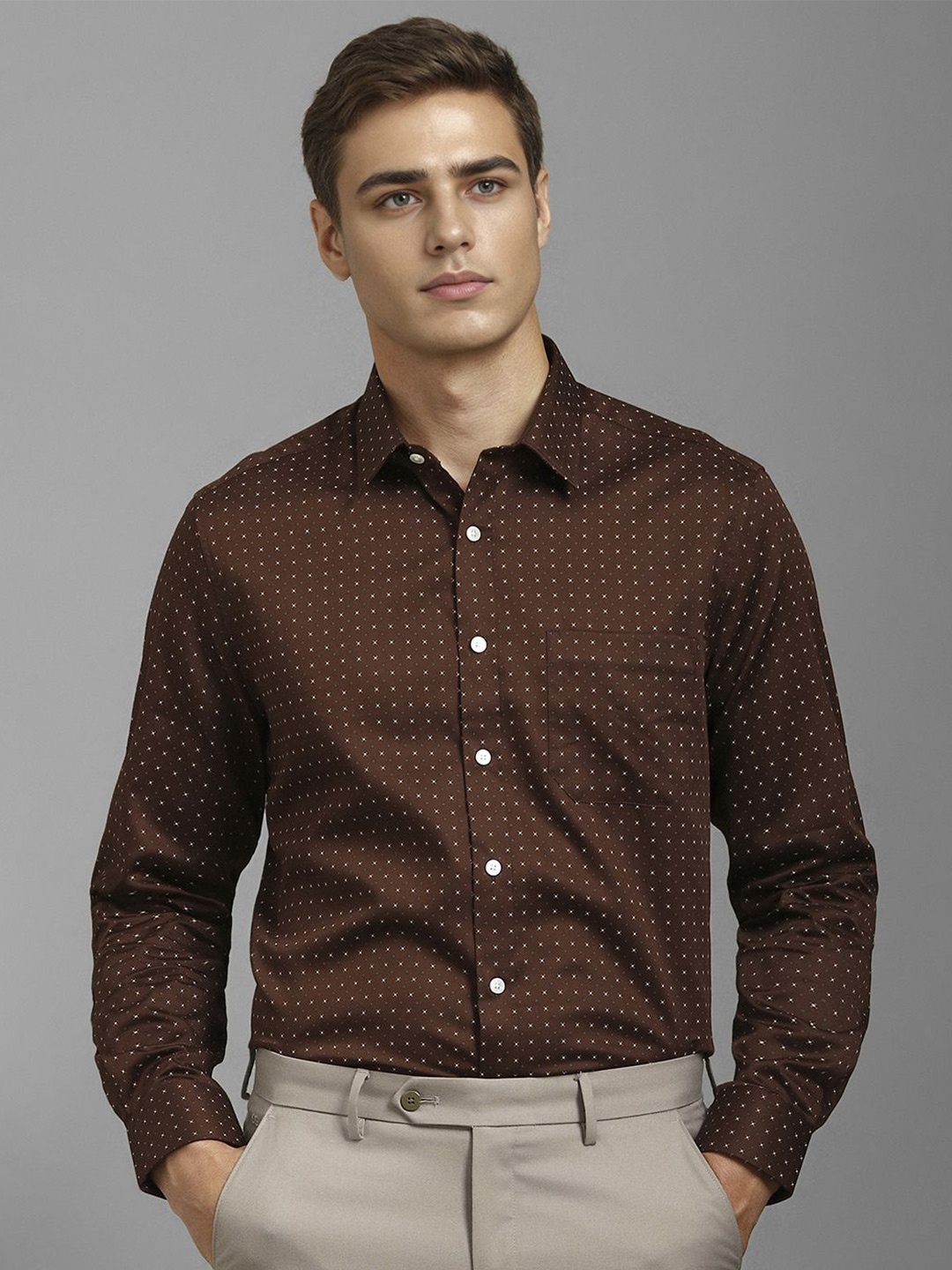 

Louis Philippe Men Classic Spread Collar Micro Ditsy Printed Cotton Formal Shirt, Brown