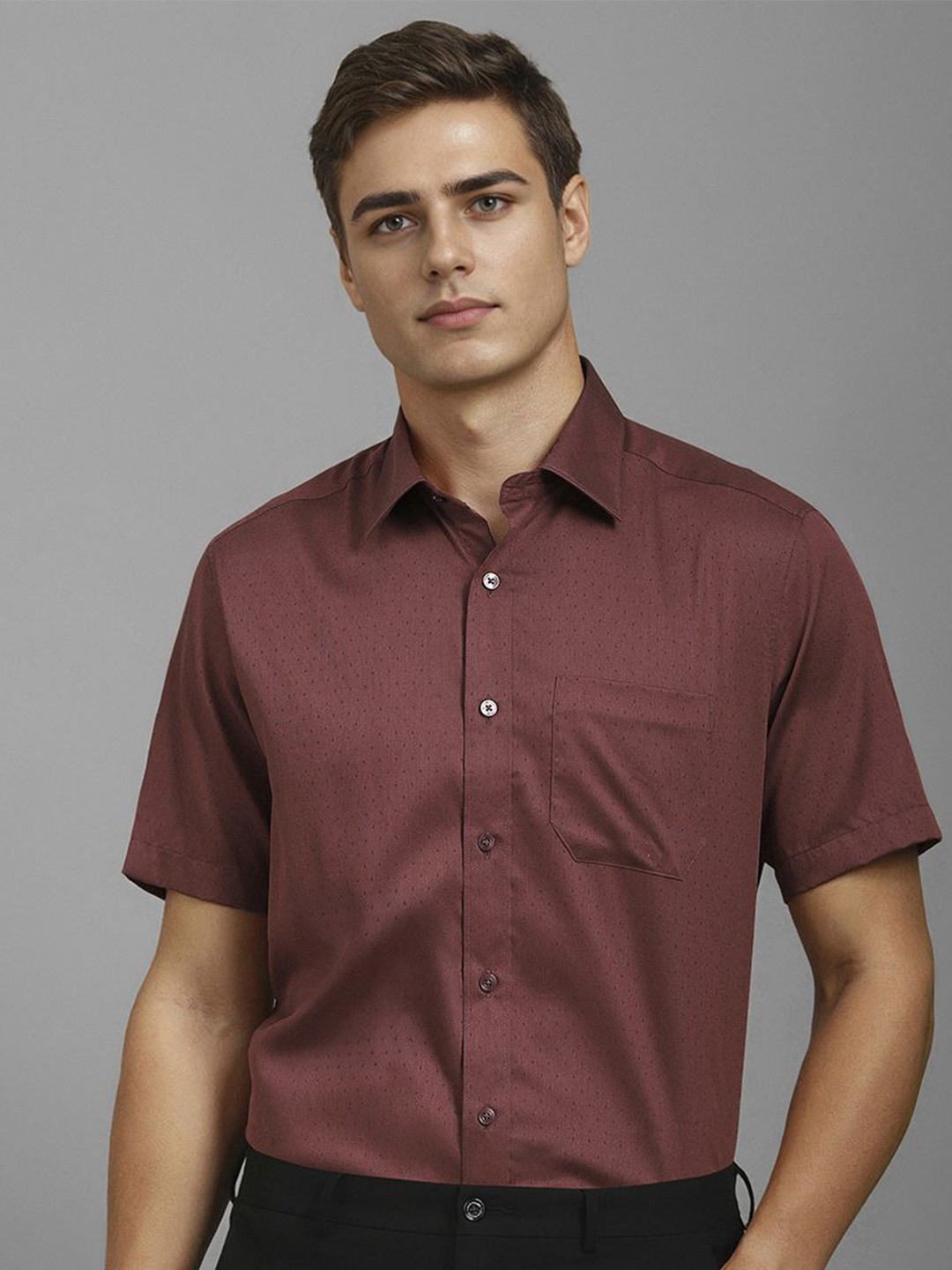 

Louis Philippe Men Classic Spread Collar Micro Ditsy Printed Cotton Formal Shirt, Maroon