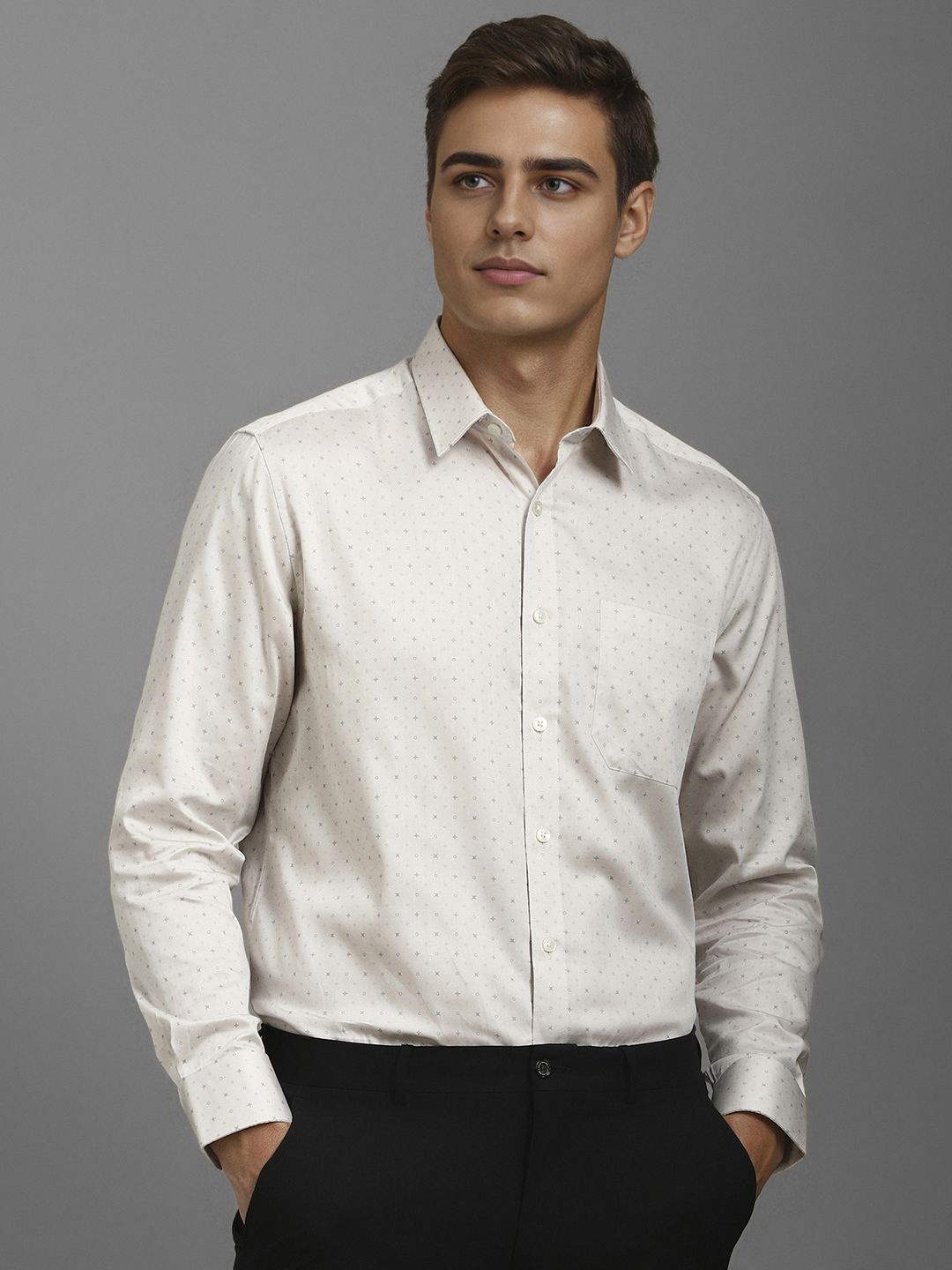 

Louis Philippe Men Classic Spread Collar Geometric Printed Cotton Formal Shirt, White