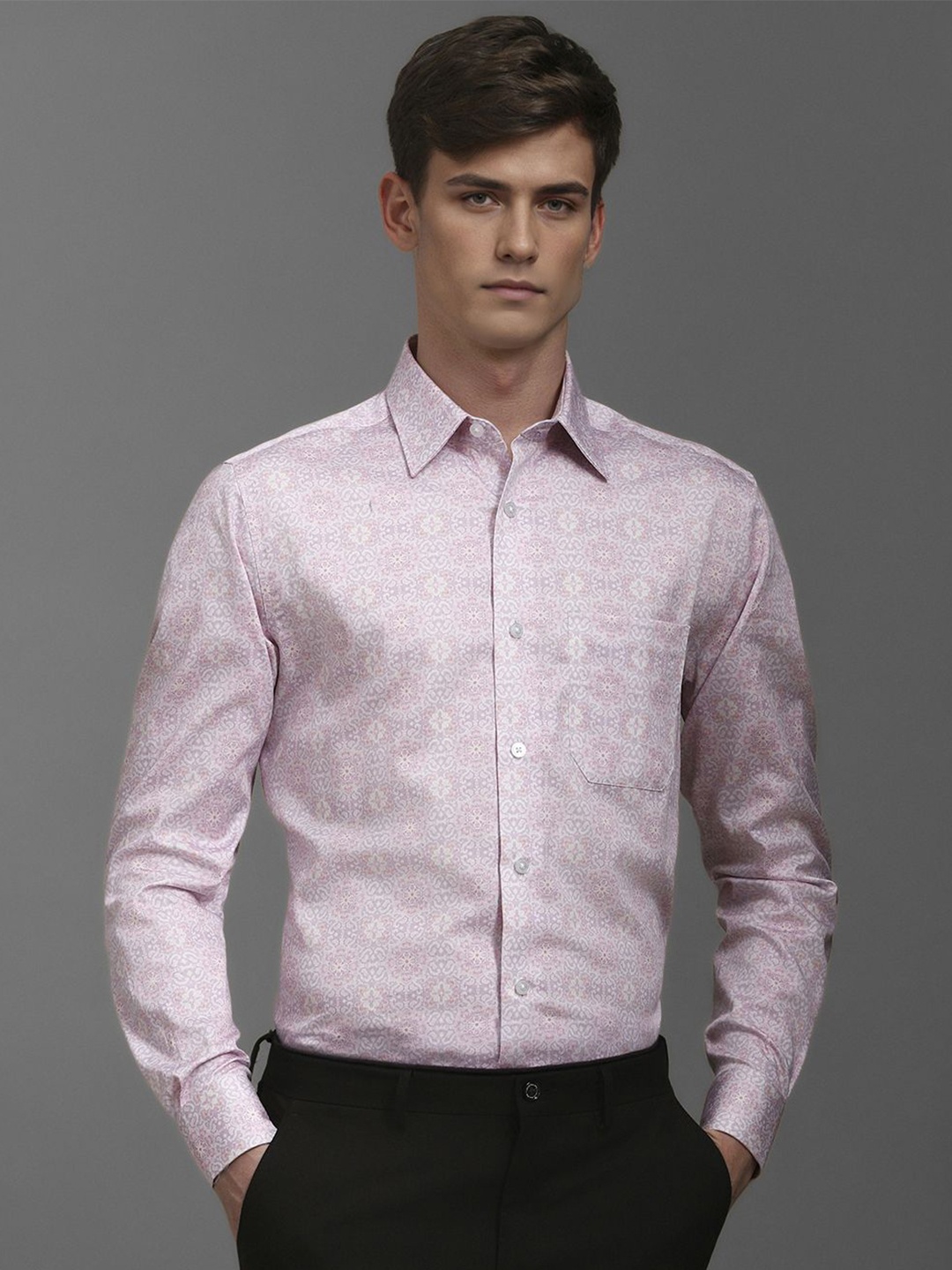 

Louis Philippe Men Classic Spread Collar Floral Printed Cotton Formal Shirt, Pink