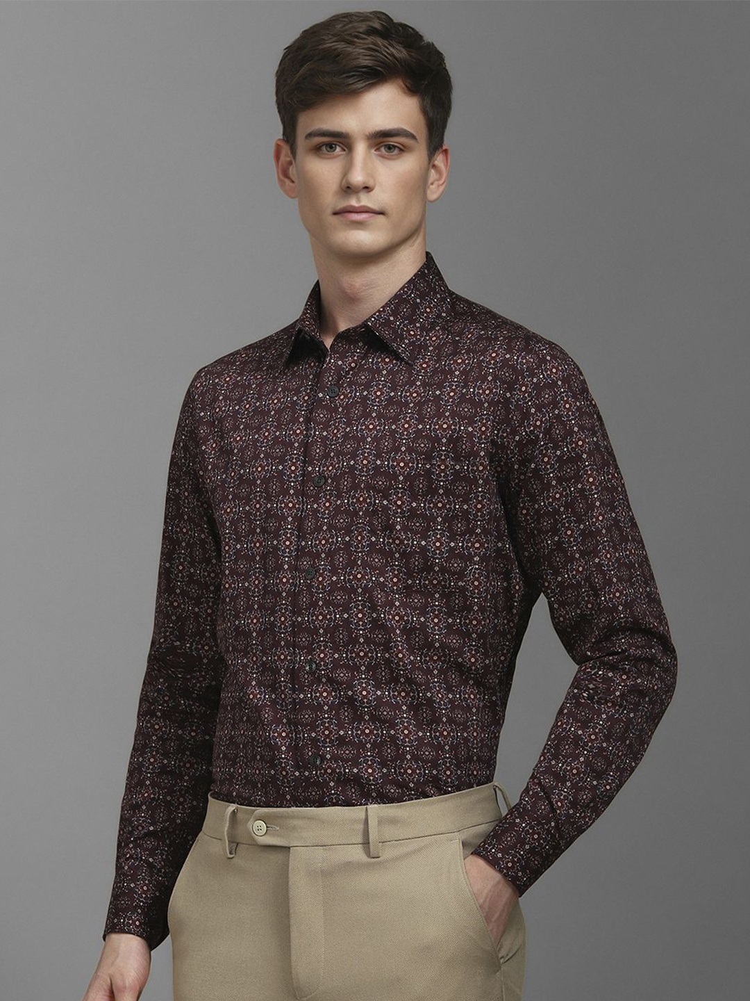 

Louis Philippe Men Classic Spread Collar Floral Printed Cotton Formal Shirt, Maroon