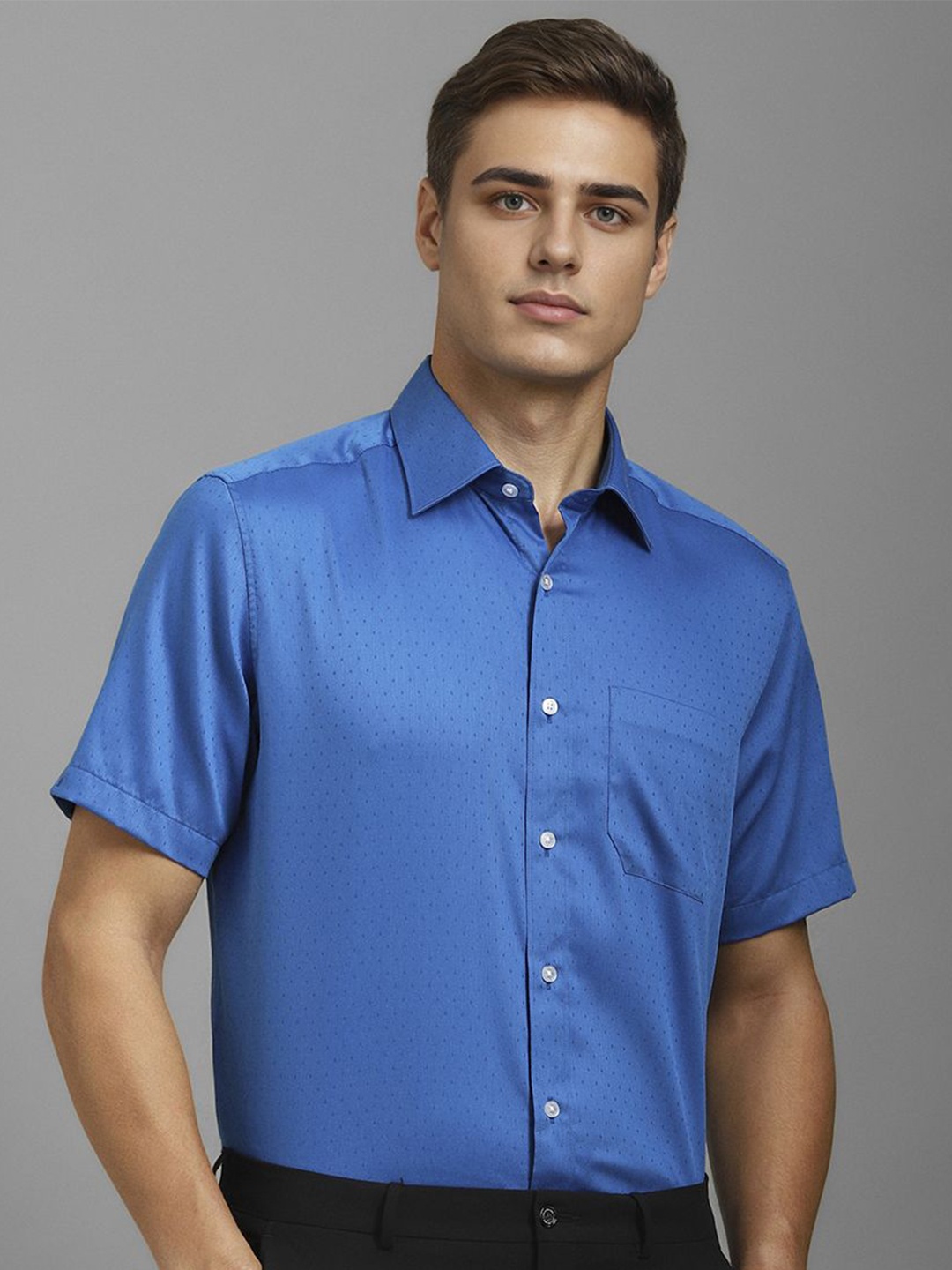 

Louis Philippe Men Classic Spread Collar Abstract Printed Cotton Formal Shirt, Blue