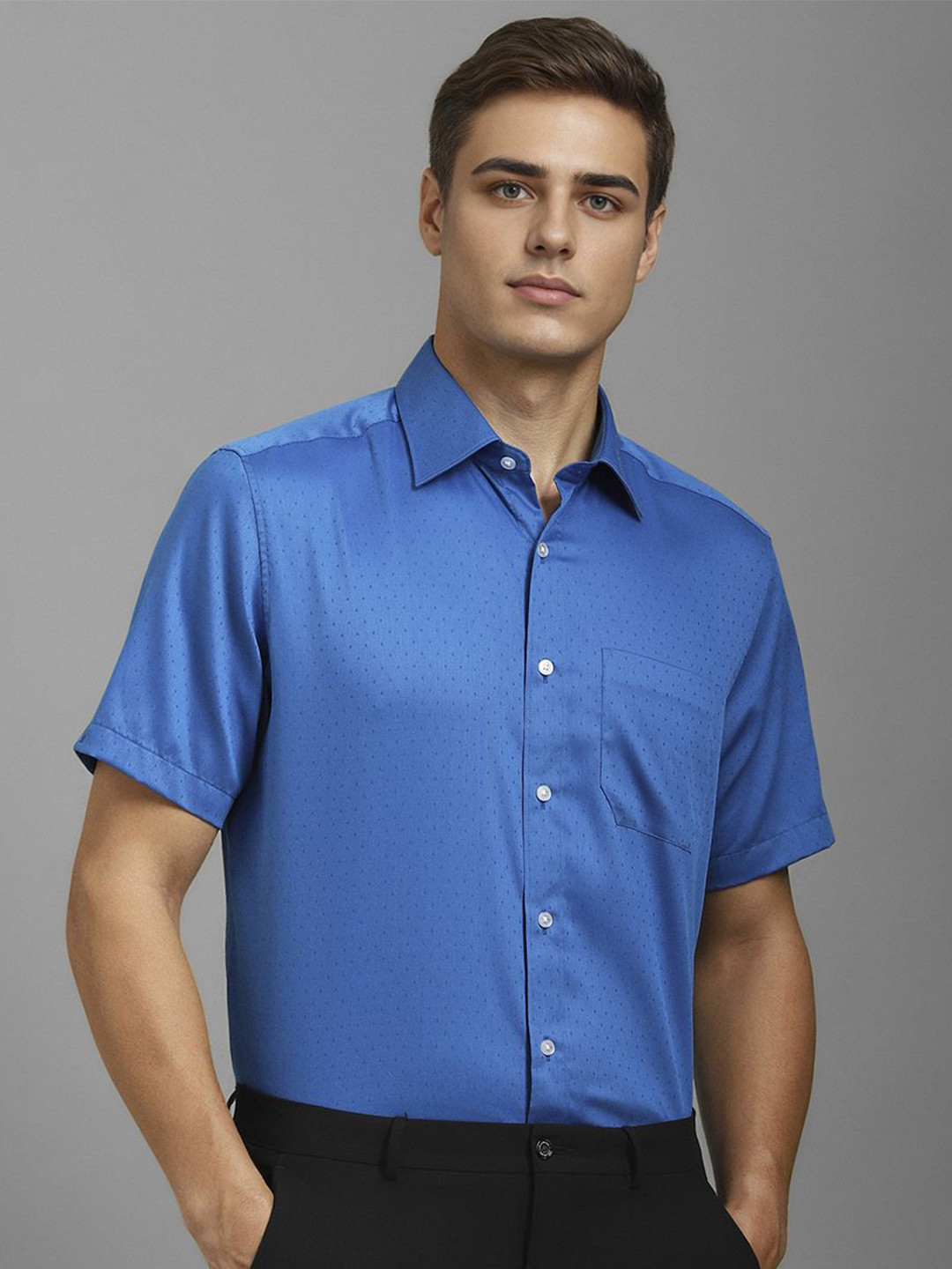 

Louis Philippe Men Classic Spread Collar Geometric Printed Cotton Formal Shirt, Blue