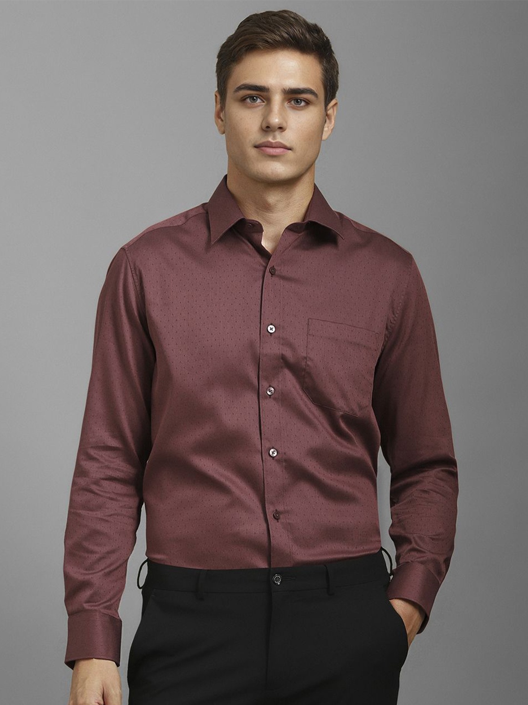 

Louis Philippe Men Classic Fit Spread Collar Micro Ditsy Printed Cotton Formal Shirt, Maroon