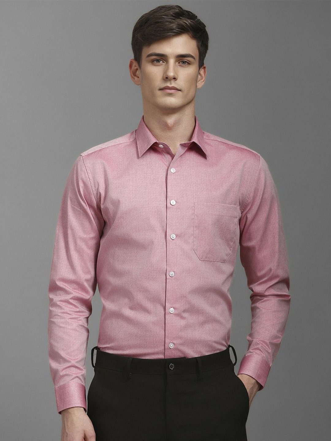 

Louis Philippe Men Spread Collar Textured Cotton Slim Fit Formal Shirt, Pink