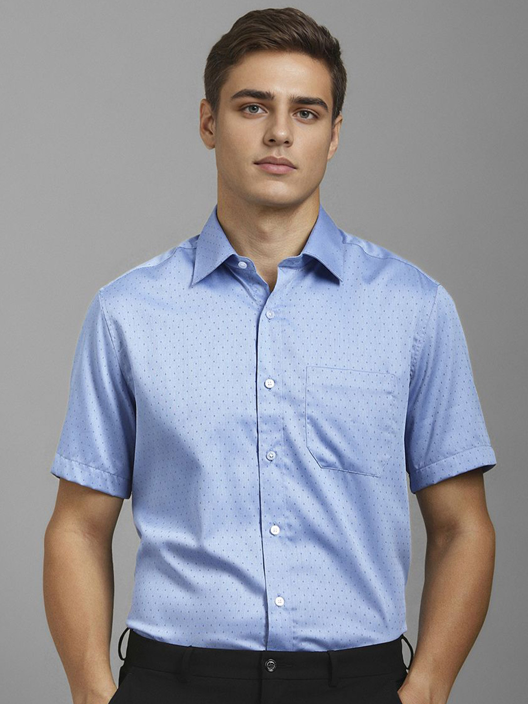 

Louis Philippe Men Classic Spread Collar Micro Ditsy Printed Cotton Formal Shirt, Blue