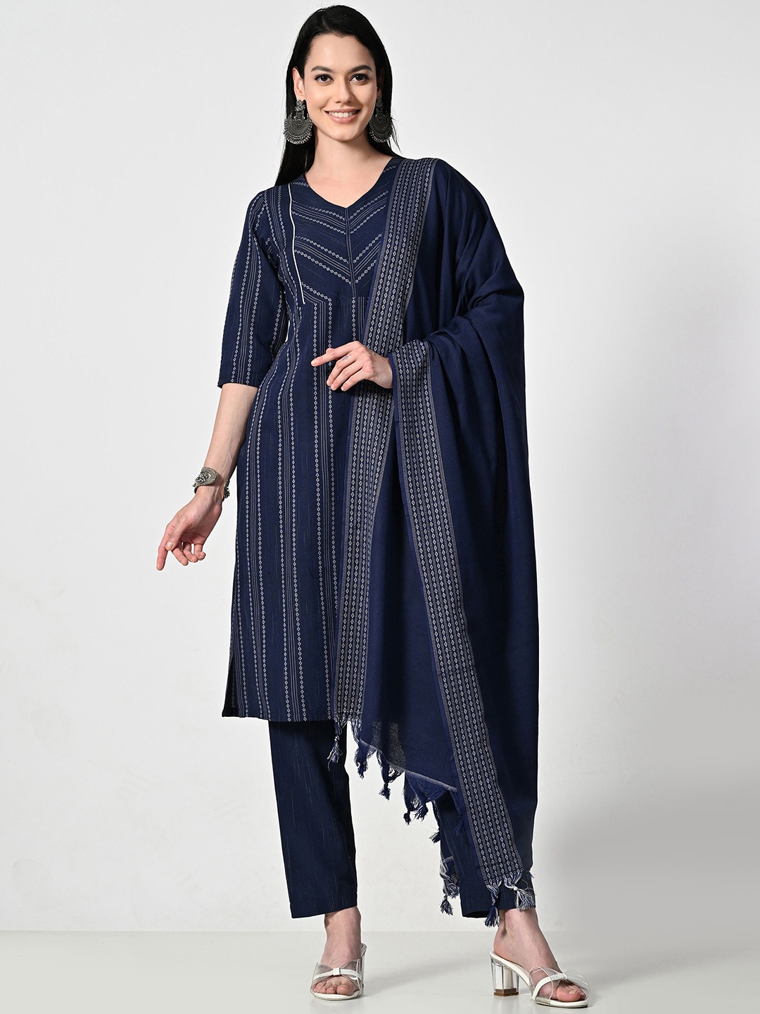 

AMBI Striped V-Neck Straight Kurta With Trousers & Dupatta, Navy blue