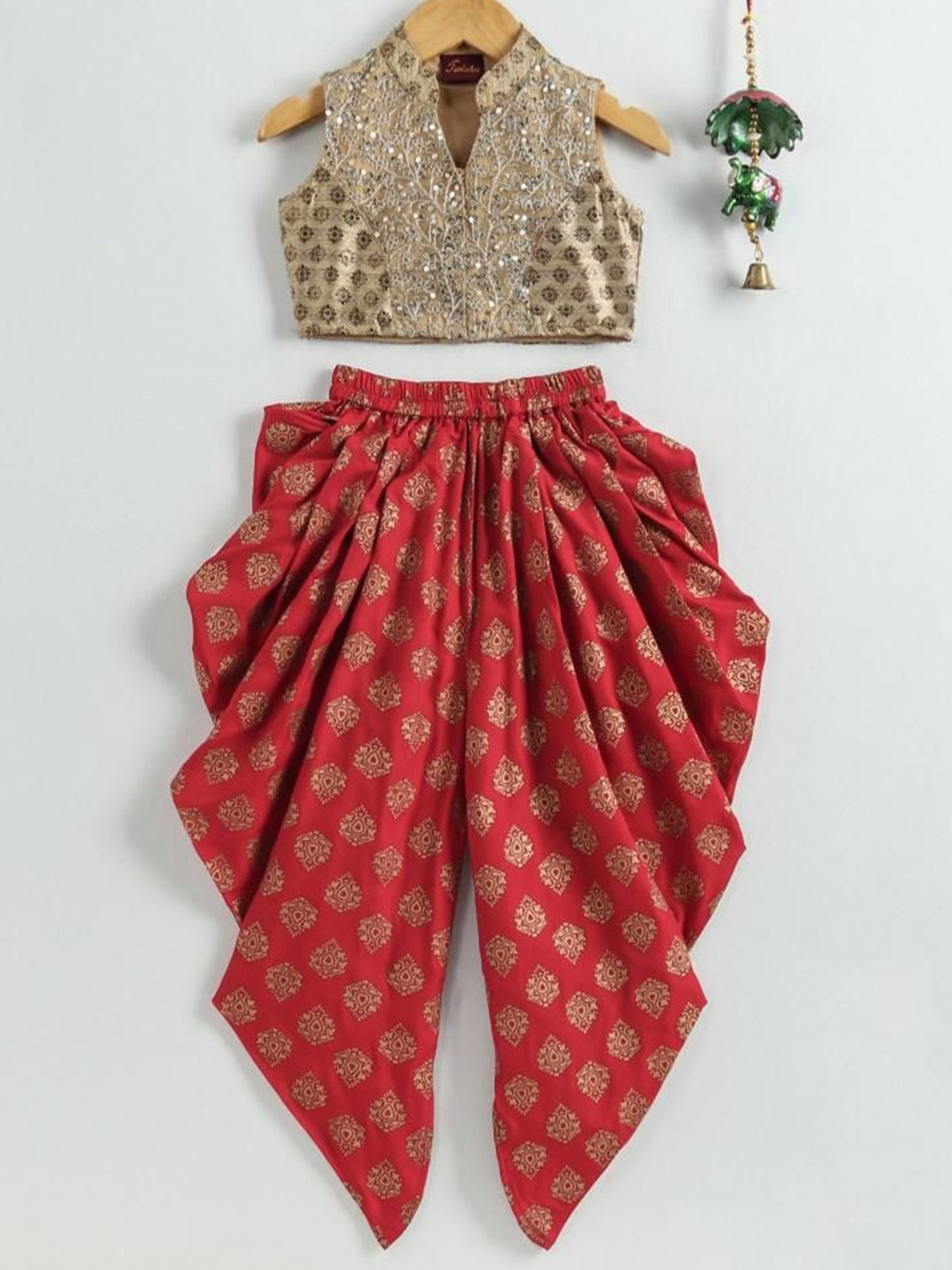 

Twisha Girls Mandarin Collar Embroidered Top with Dhoti Pants, Gold