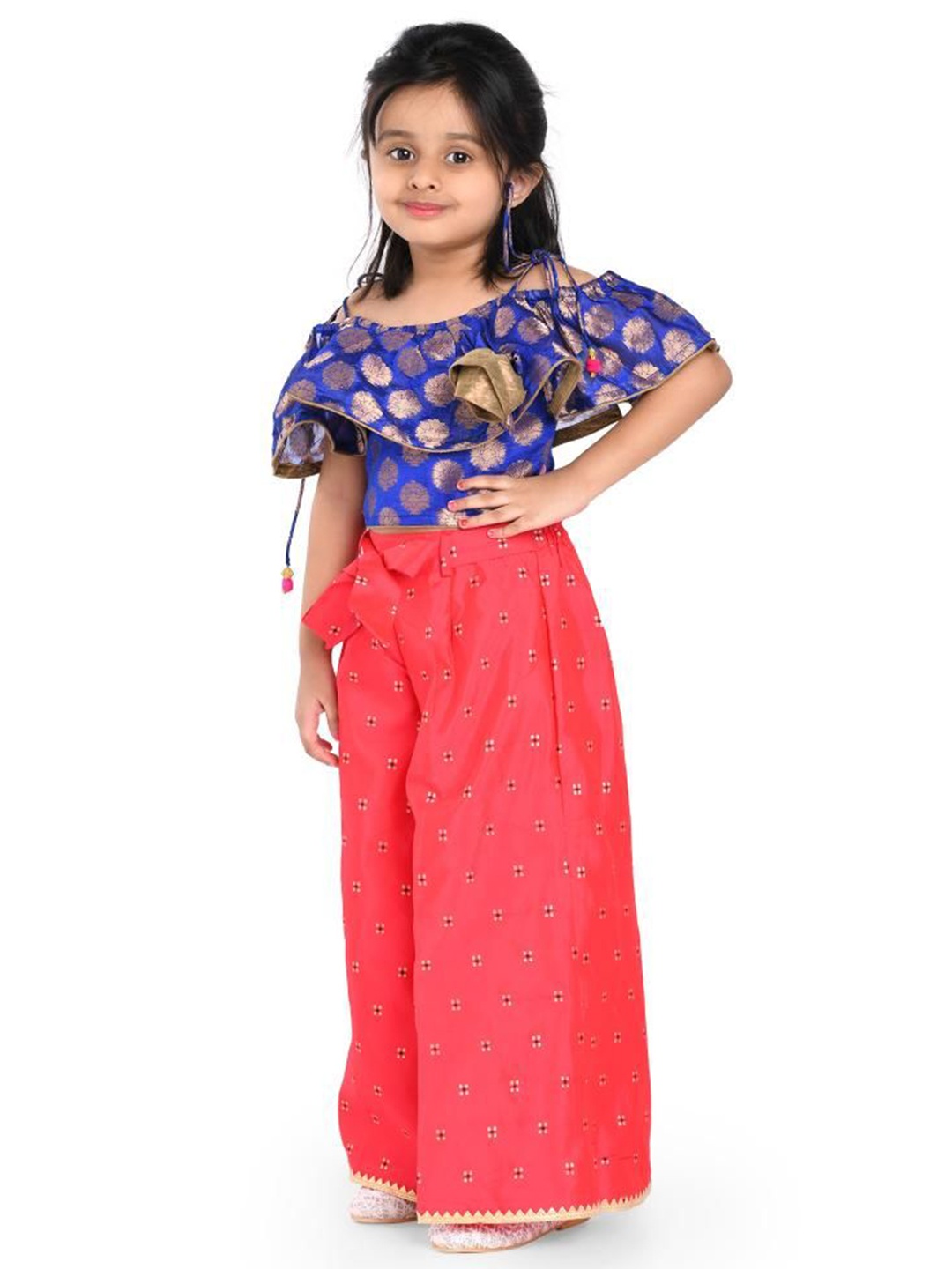 

Twisha Girls Off-Shoulder Self Design Top with Palazzos, Blue