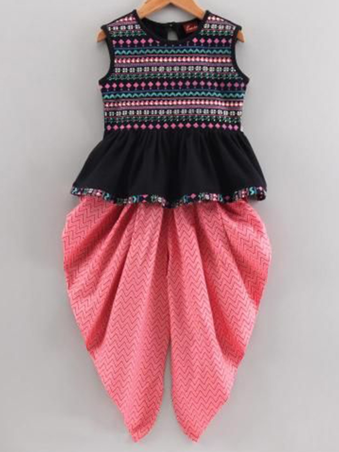 

Twisha Girls Round Neck Embroidered Top with Dhoti Pants, Black