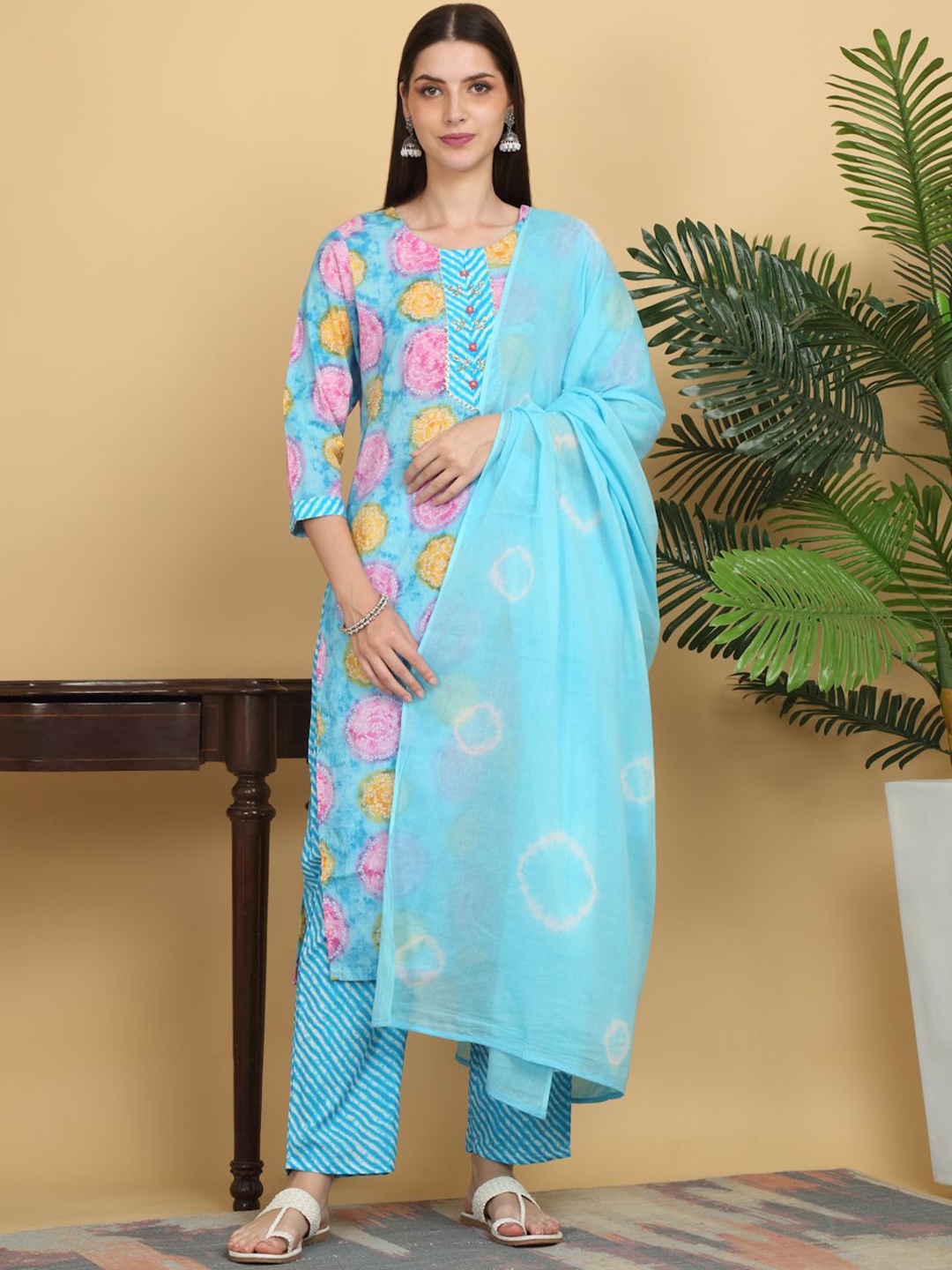 

KALINI Floral Printed Gotta Patti Pure Cotton Straight Kurta with Trouser & Dupatta, Turquoise blue