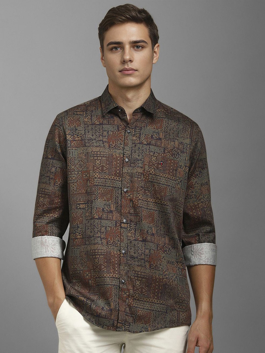 

Louis Philippe Sport Men Geometric Printed Opaque Cotton Casual Shirt, Brown