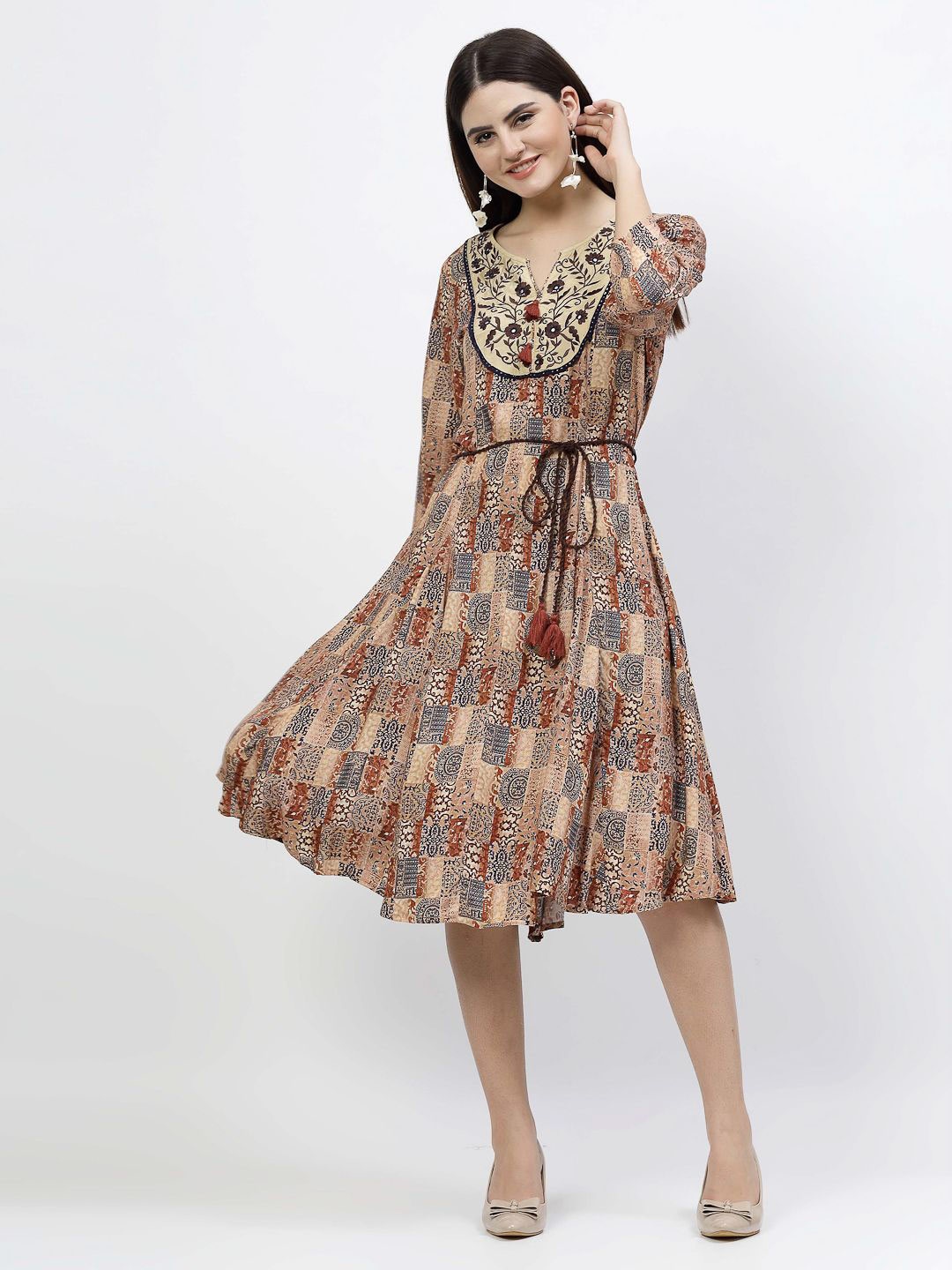

COSMIC TRIO Women Ethnic Motifs Embroidered A-Line Dress, Brown