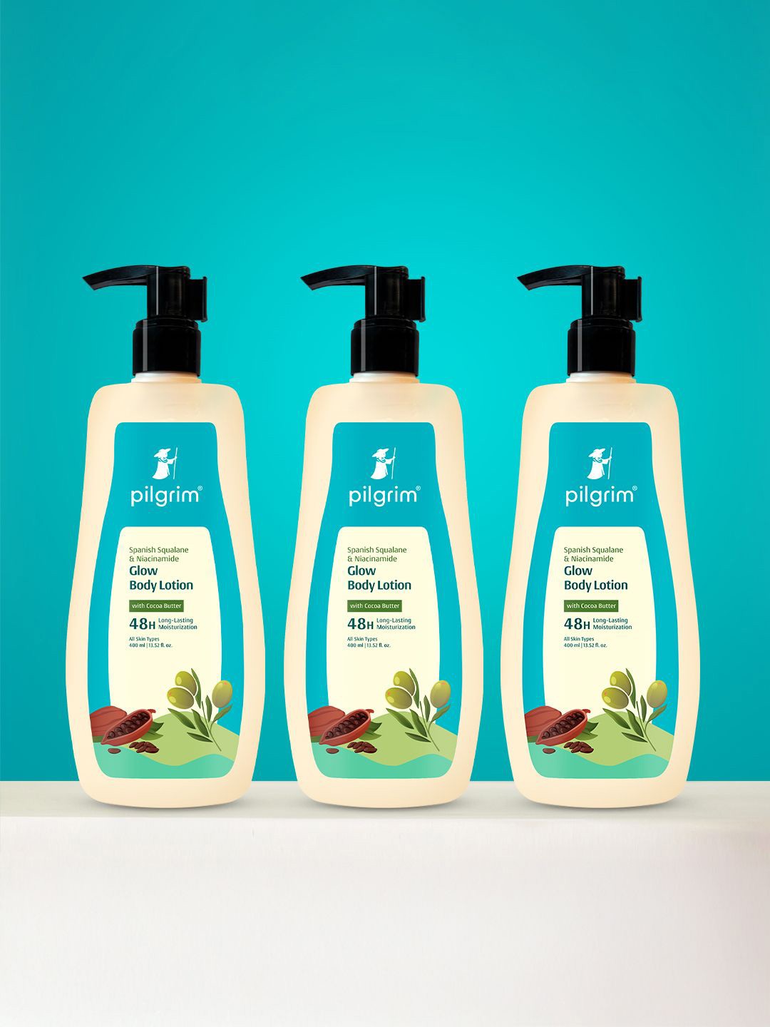

Pilgrim Set Of 3 Spanish Squalane & Niacinamide Long Lasting Glow Body Lotion- 400 ml Each, White