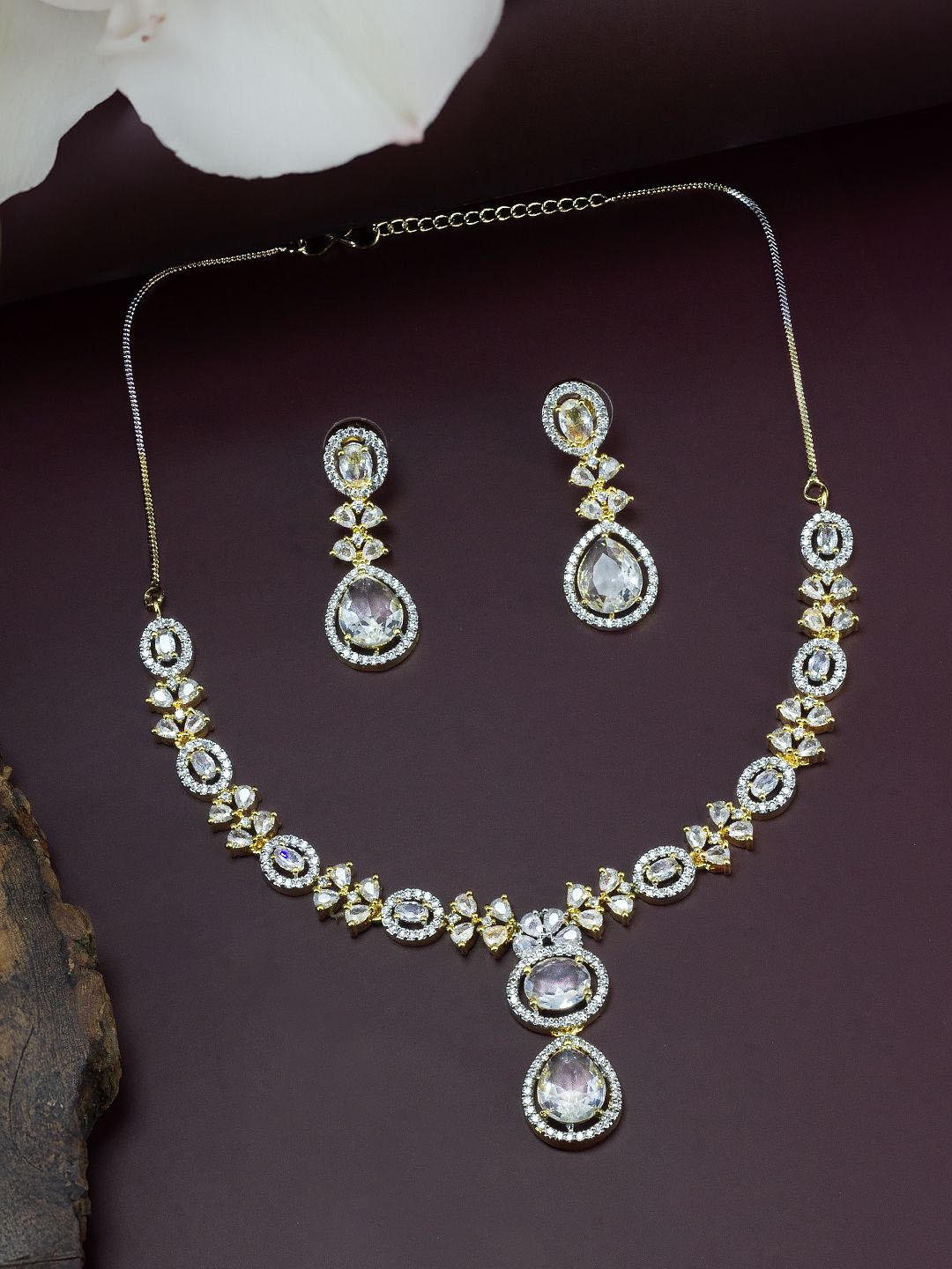 

PRIVIU Gold-Plated American Diamond Studded Oval Shaped Jewellery Set