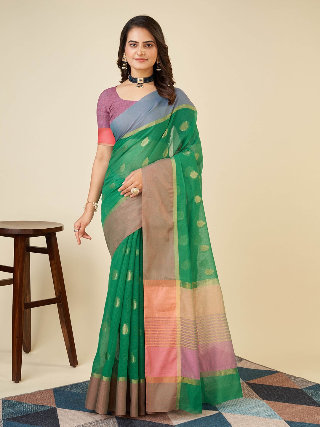 

bansari textiles Woven Design Zari Pure Georgette Saree, Green