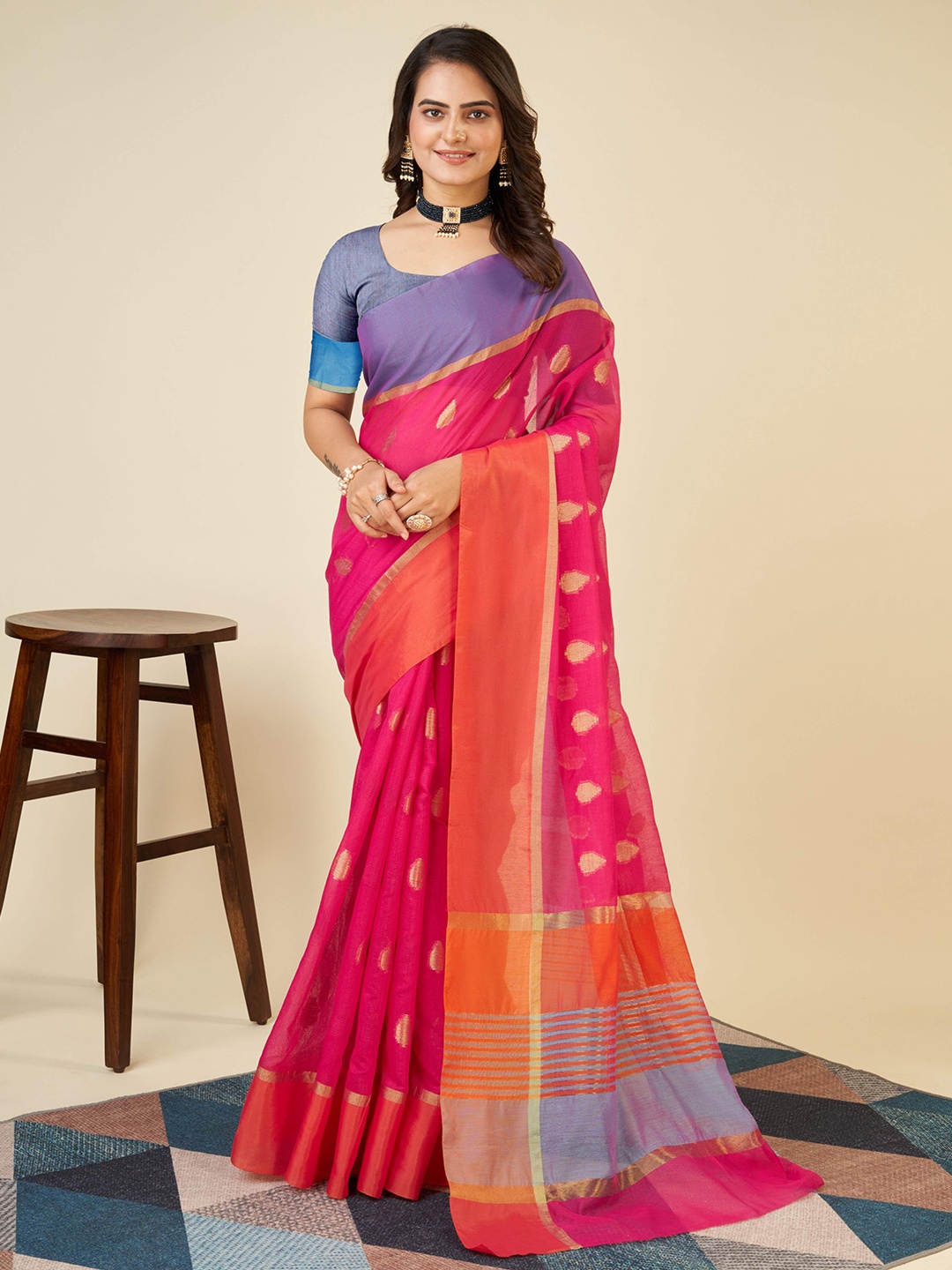 

bansari textiles Ethnic Motifs Zari Pure Georgette Saree, Pink