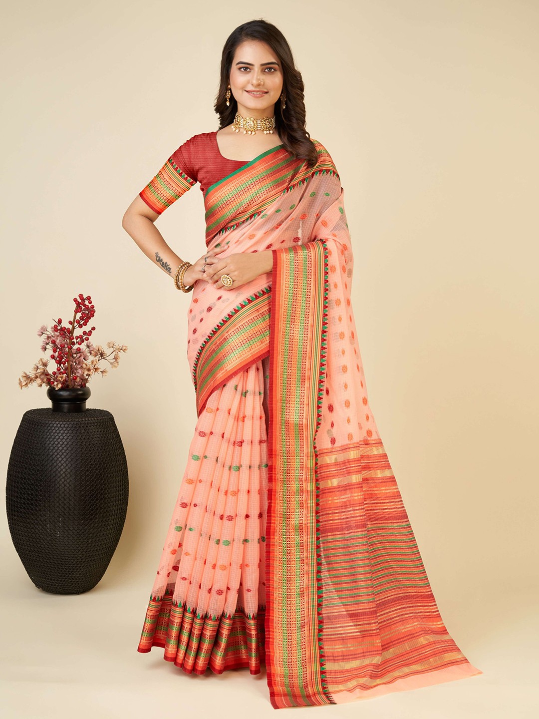

bansari textiles Floral Printed Pure Georgette Ready to Wear Saree, Peach