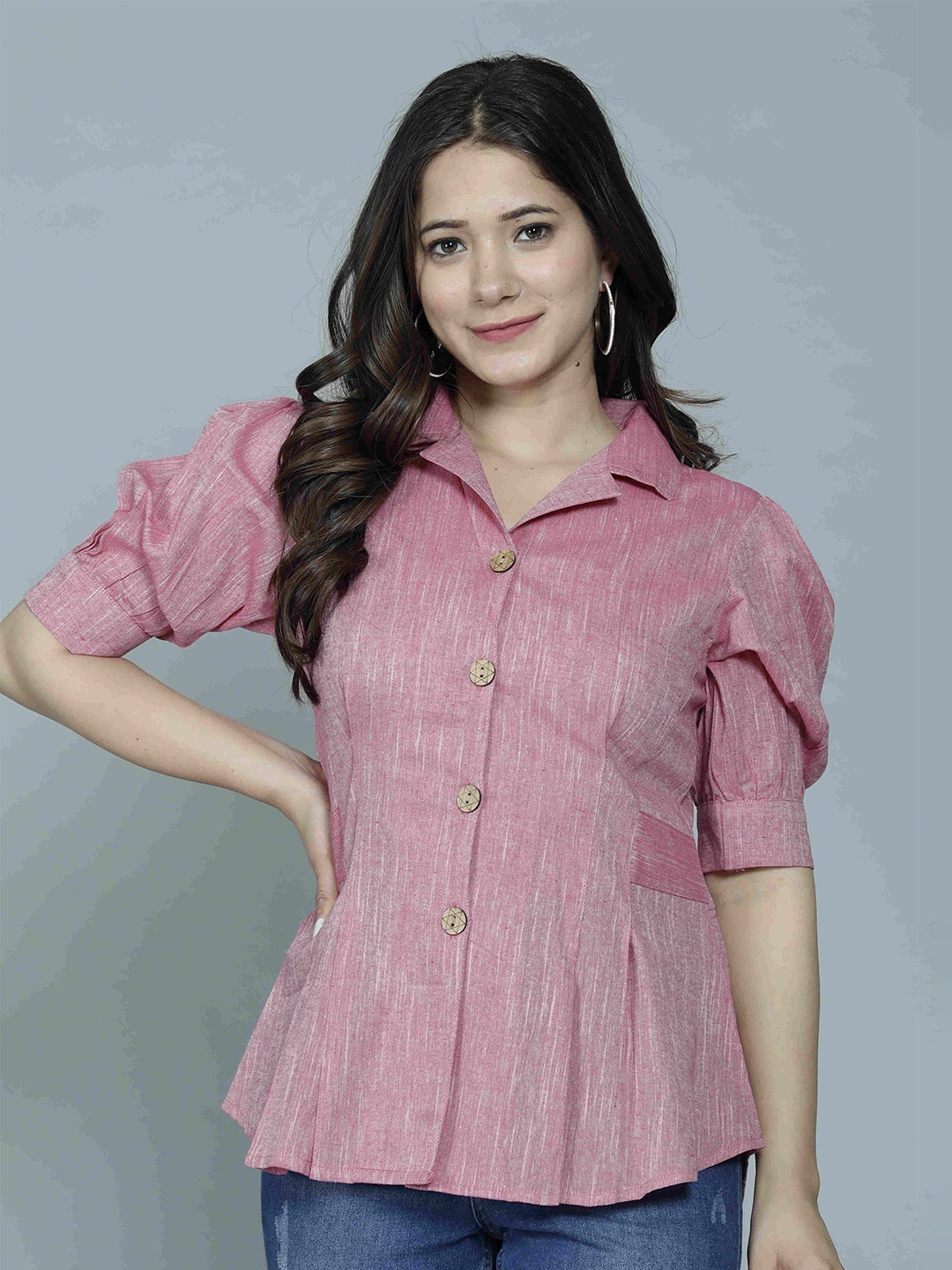 

THAWARJI Women Lapel Collar Puff Sleeve Cotton Shirt Style Top, Pink