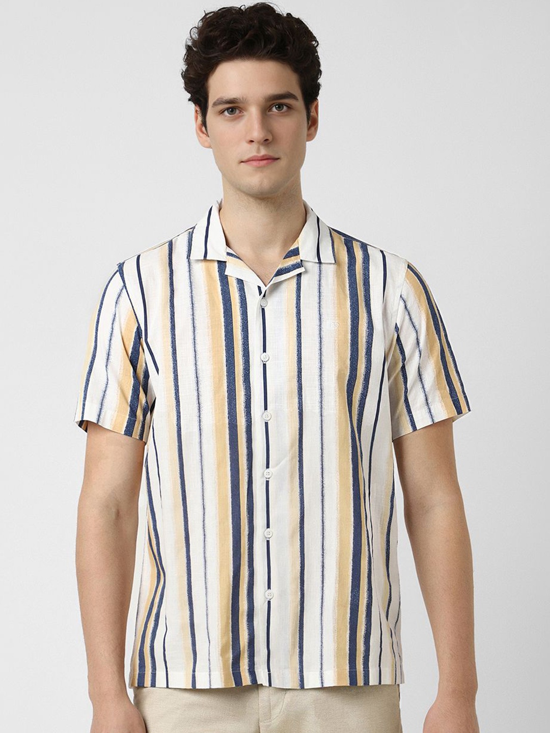 

Peter England Casuals Men Cuban Collar Vertical Striped Cotton Casual Shirt, White