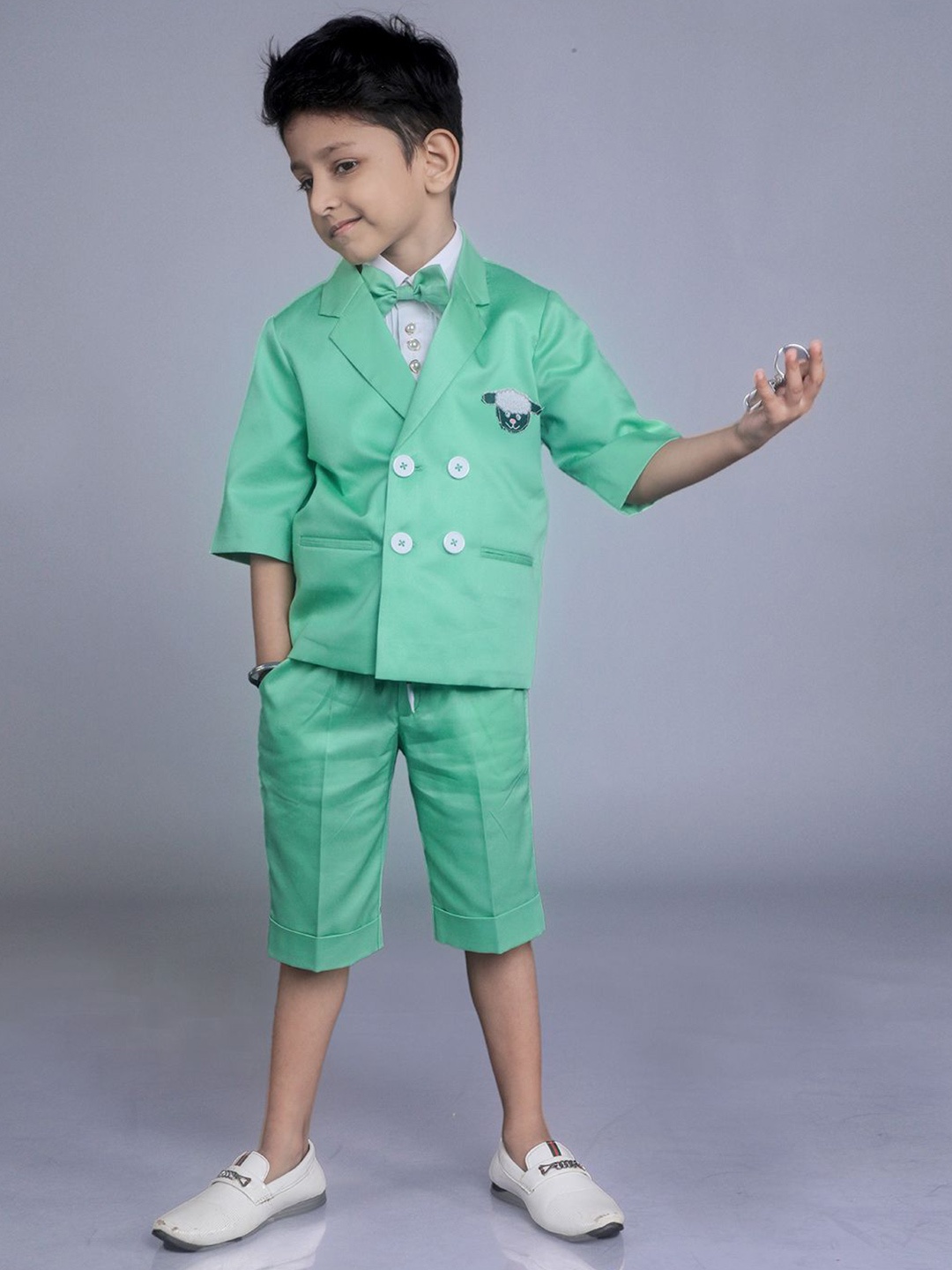 

BAYA COUTURE Boys Notched Lapel Pure Cotton 4 Piece Party Suits, Green