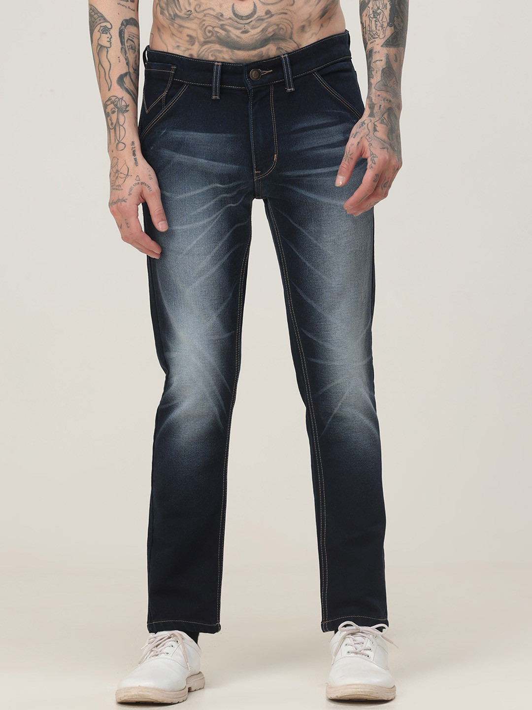 

VUDU Men Narrow Slim Fit Light Fade Stretchable Jeans, Navy blue