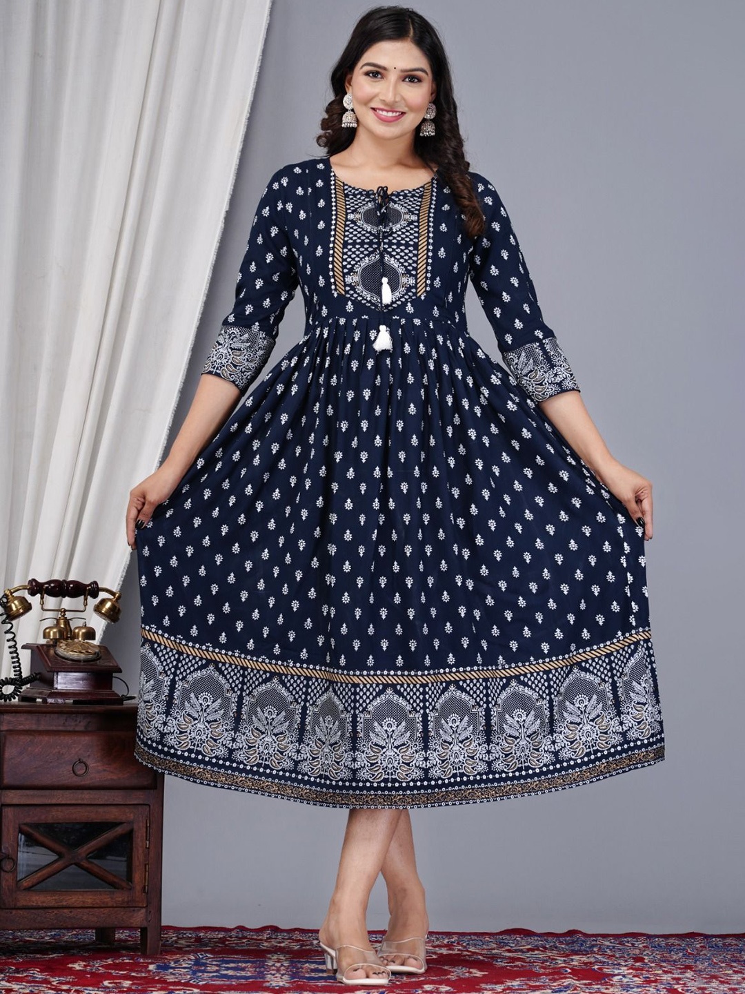 

Vorcia Febtex Women Printed Fit & Flared Midi Ethnic Dress, Blue