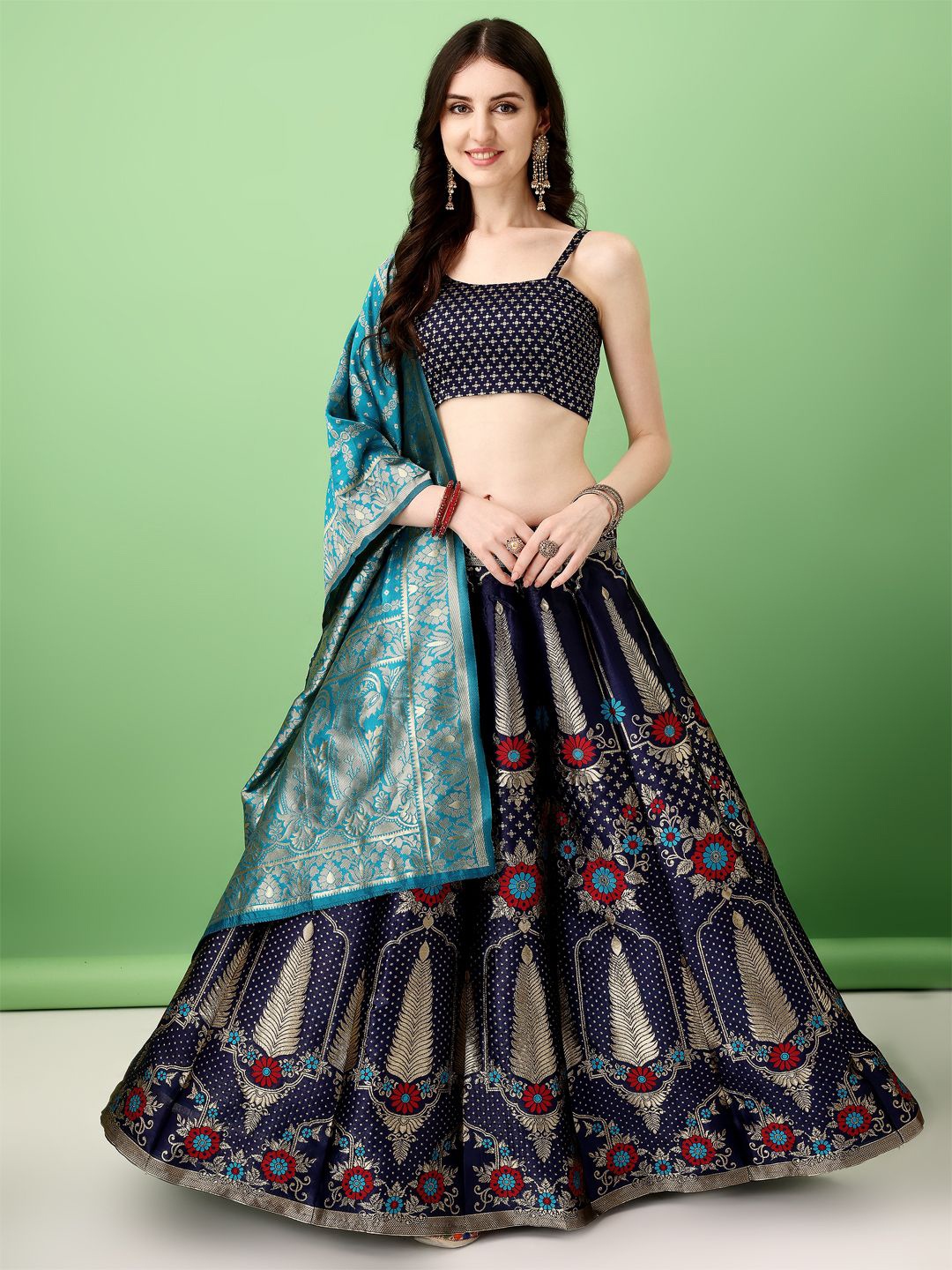 

SWAMI STUDIO Woven Design Zari Ready to Wear Lehenga & Unstitched Blouse With Dupatta, Blue