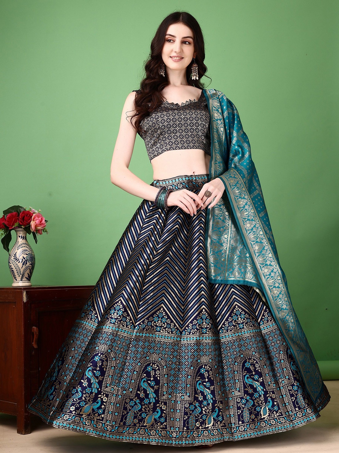 

SWAMI STUDIO Ready to Wear Lehenga & Unstitched Blouse With Dupatta, Blue