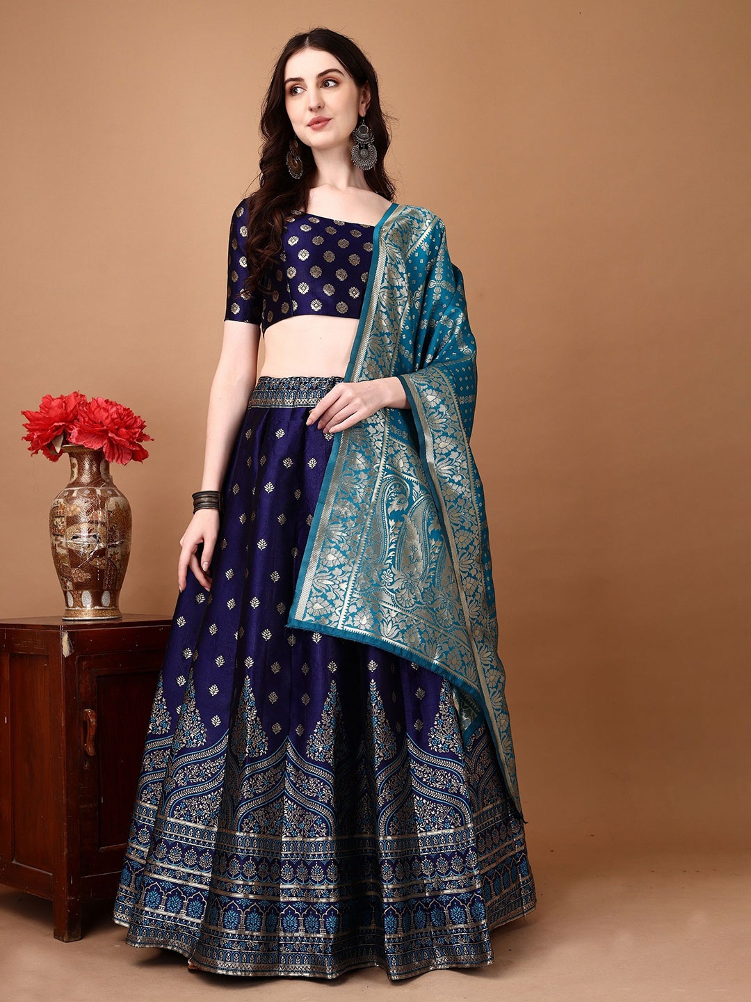 

SWAMI STUDIO Woven Design Zari Ready to Wear Lehenga & Unstitched Blouse With Dupatta, Blue