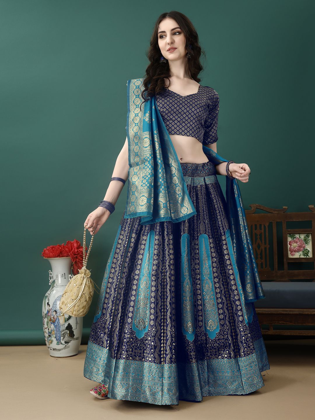 

SWAMI STUDIO Woven Design Sweetheart Neck Zari Ready to Wear Lehenga Choli, Blue