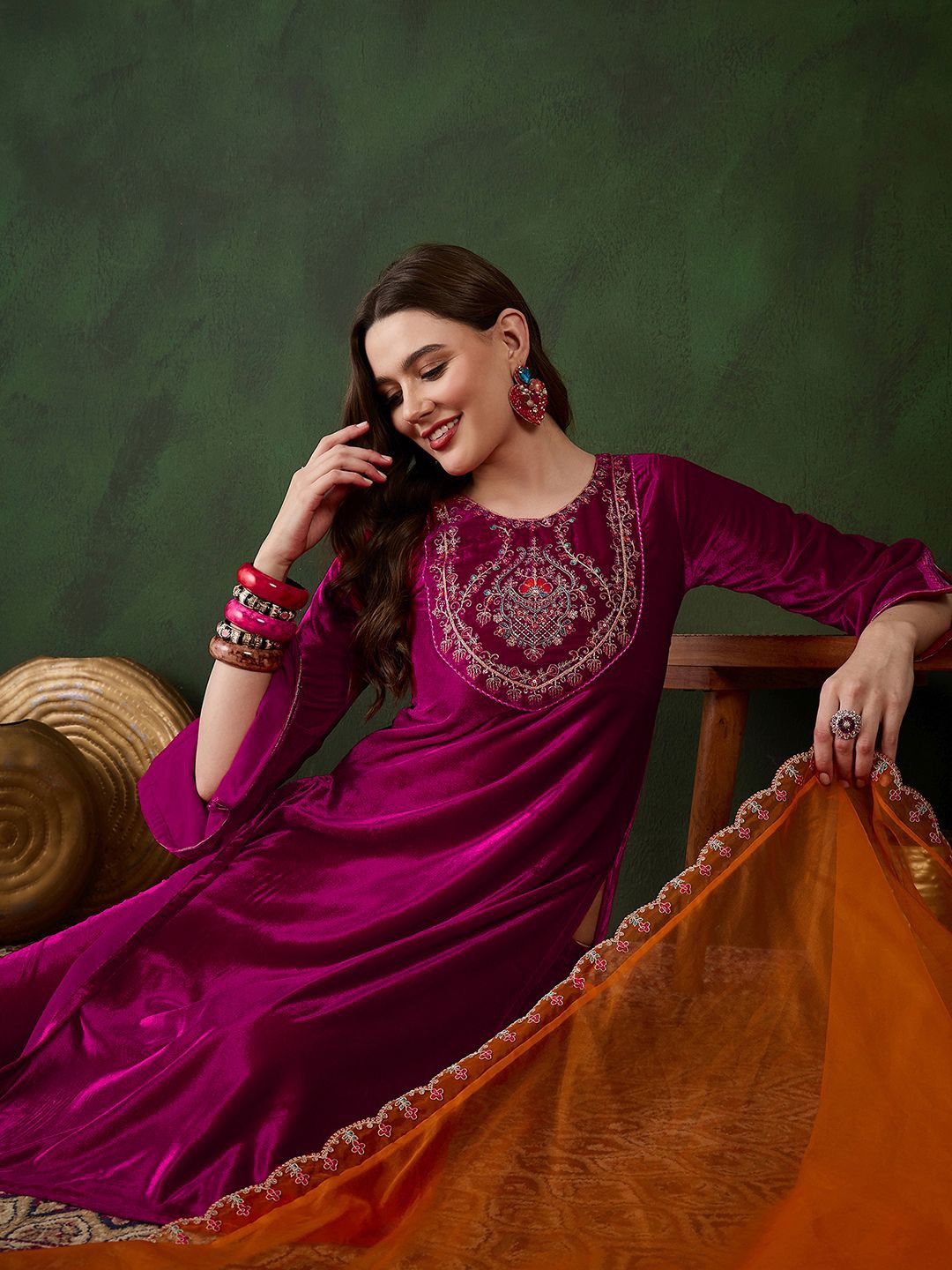 

Sangria Magenta Floral Embroidered Zari Straight Kurta With Trousers & Dupatta