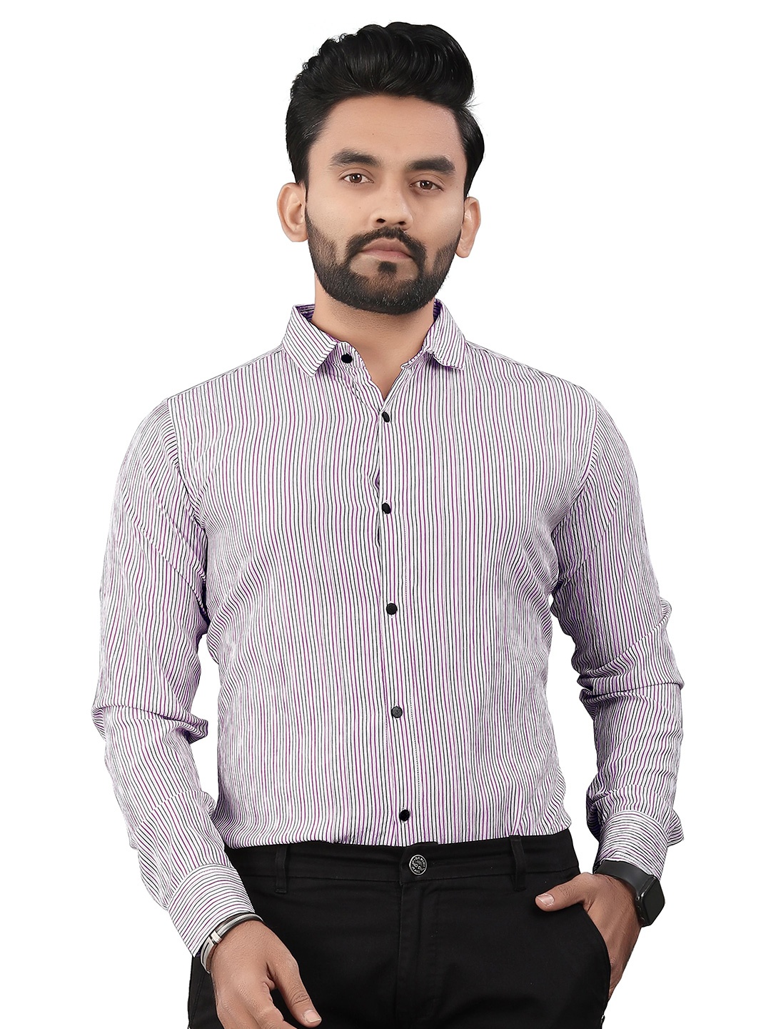 

TERAXO Men Premium Spread Collar Vertical Striped Slim Fit Formal Shirt, Purple