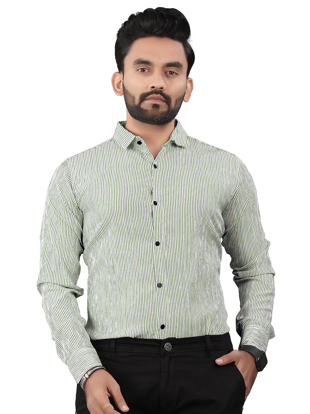 

TERAXO Men Premium Spread Collar Vertical Striped Slim Fit Formal Shirt, Green