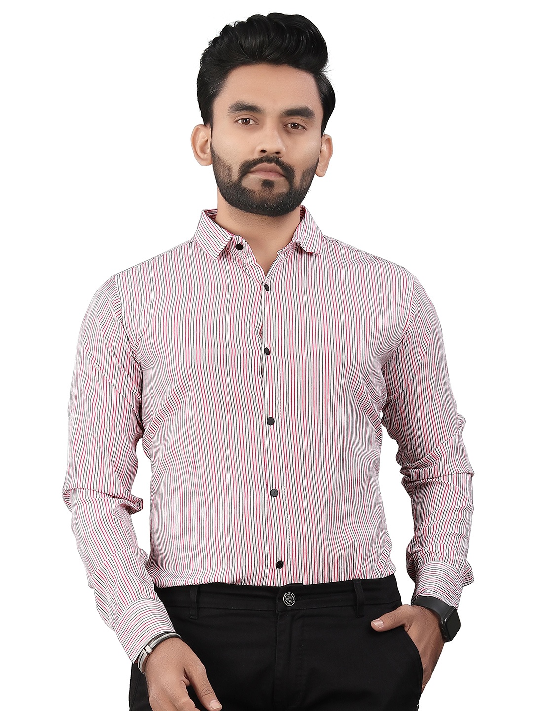 

TERAXO Men Premium Spread Collar Vertical Striped Slim Fit Formal Shirt, Red