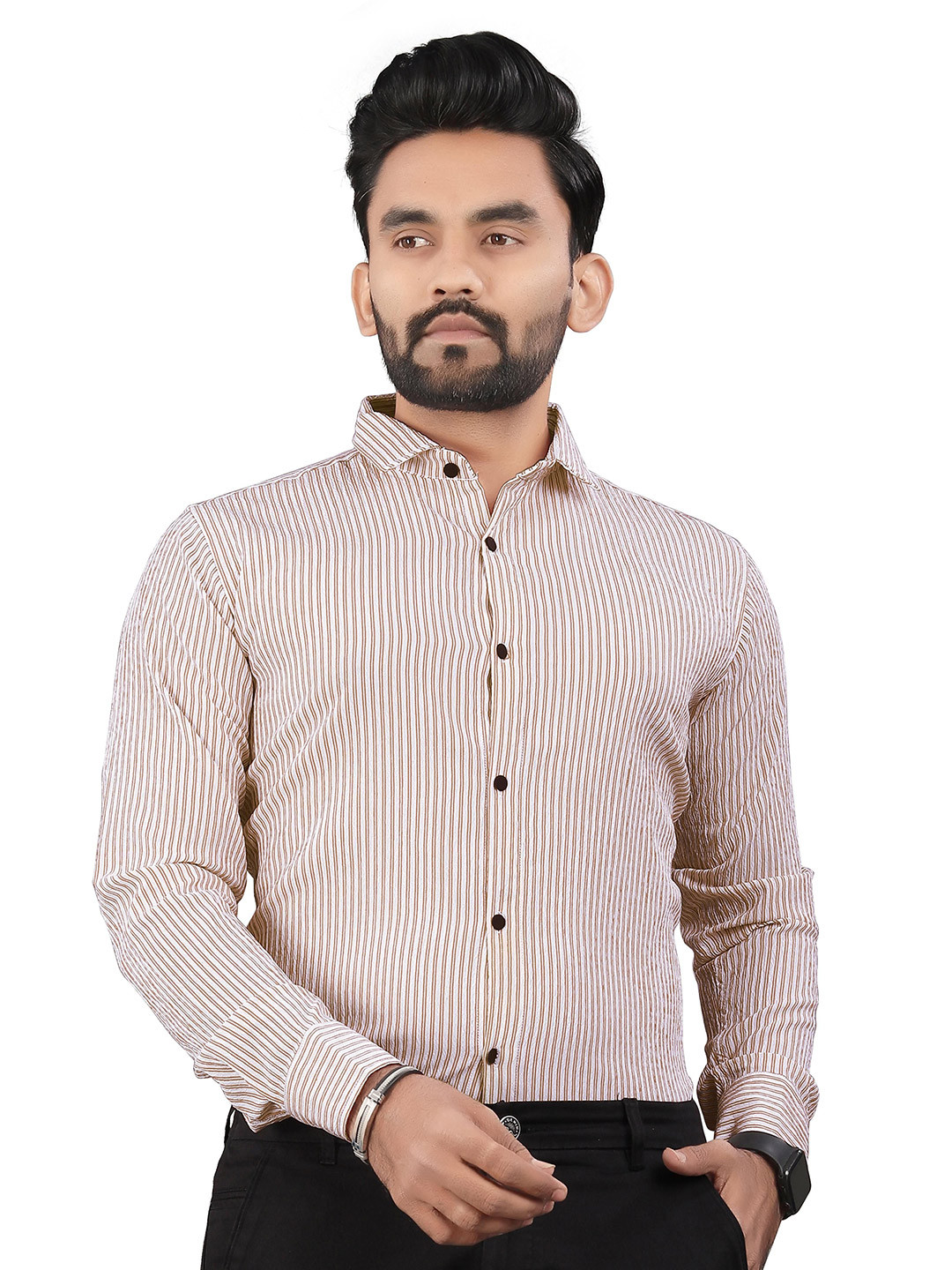 

TERAXO Men Premium Fit Spread Collar Vertical Striped Slim Fit Formal Shirt, Brown