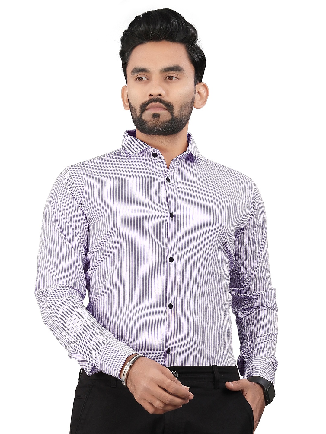 

TERAXO Men Premium Spread Collar Vertical Striped Slim Fit Formal Shirt, Blue