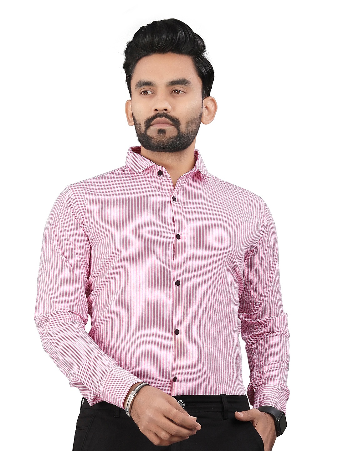 

TERAXO Men Premium Spread Collar Vertical Striped Slim Fit Formal Shirt, Pink