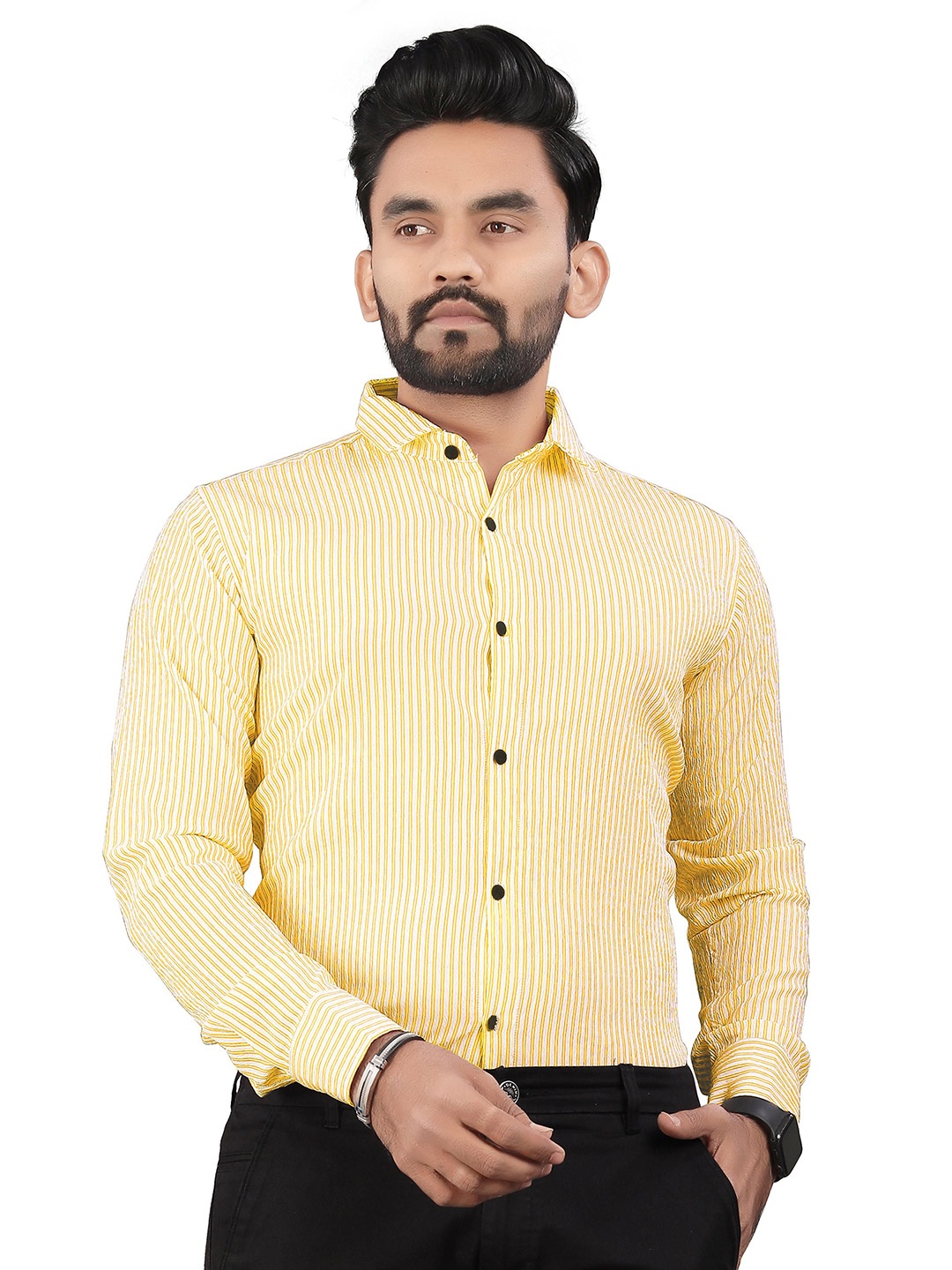 

TERAXO Men Premium Slim Fit Opaque Striped Formal Shirt, Yellow