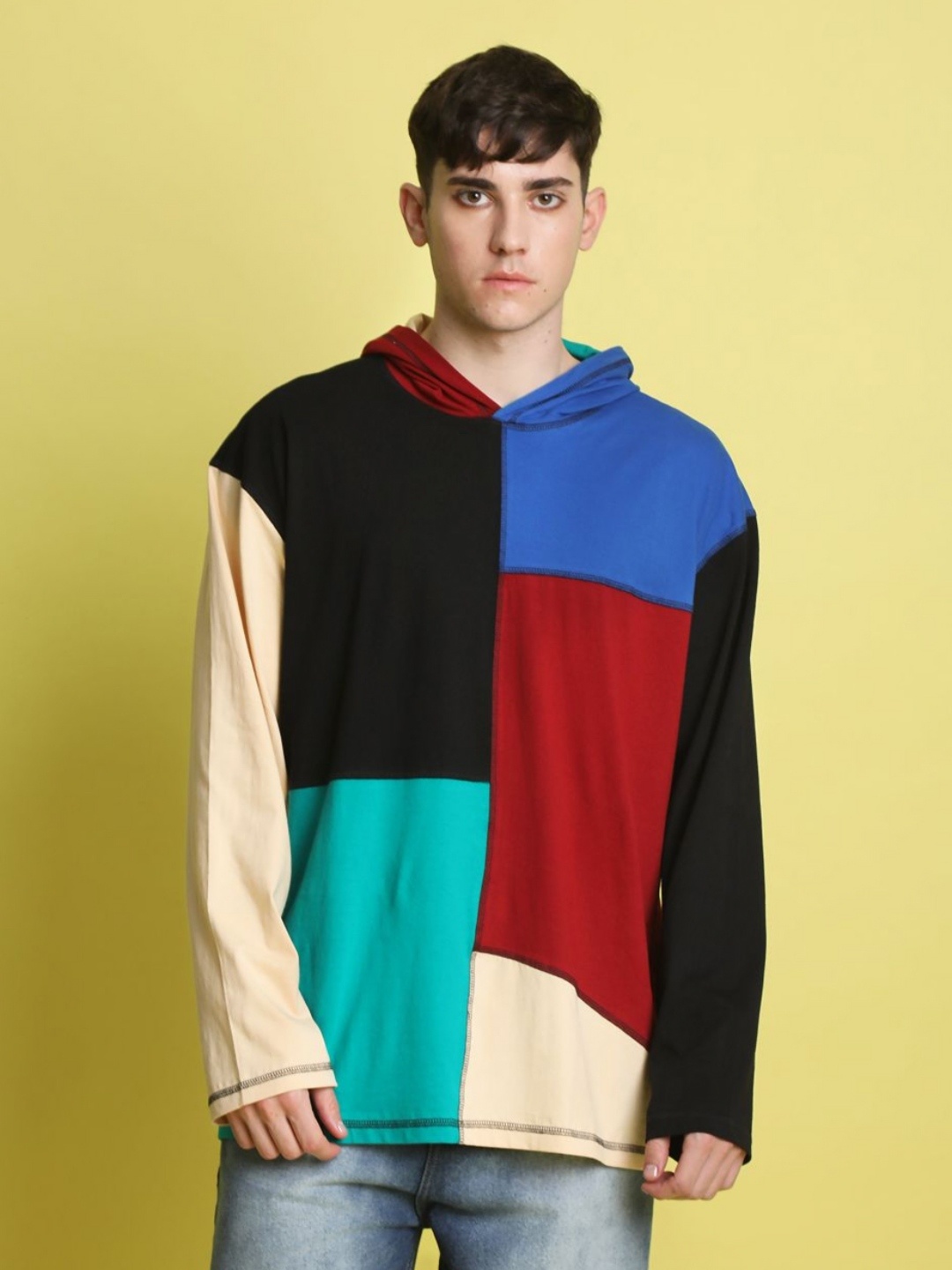 URA STREET Men Colourblocked Hooded Cotton Oversized T-shirt, Blue