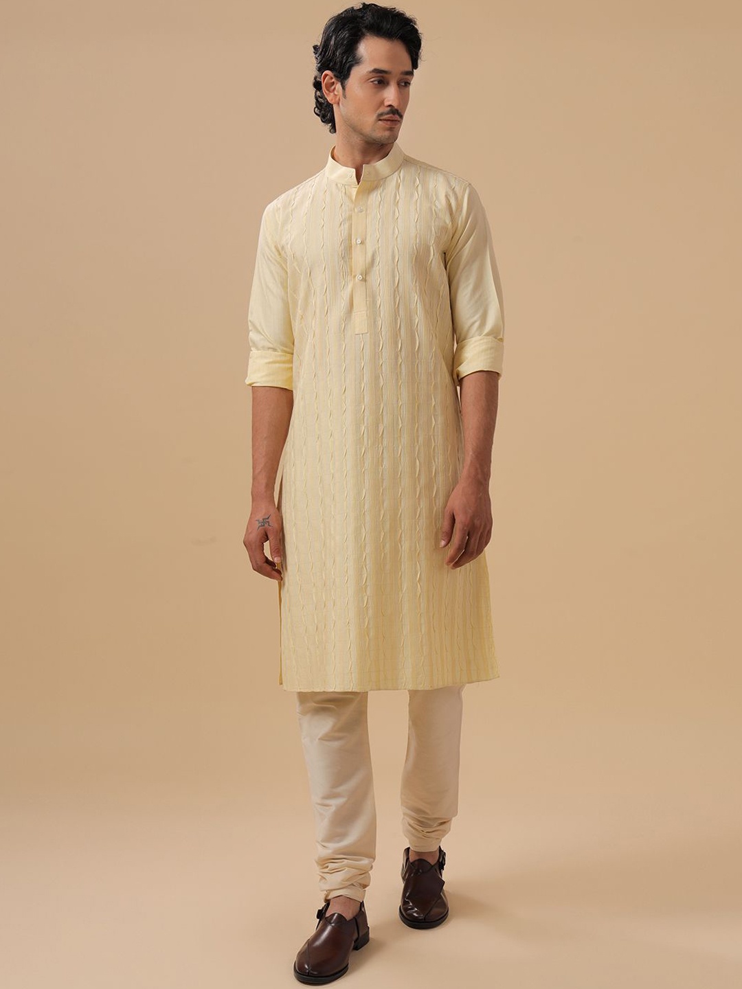 

RR Blue Striped Printed Band Collar Straight Raw Silk Kurta, Gold