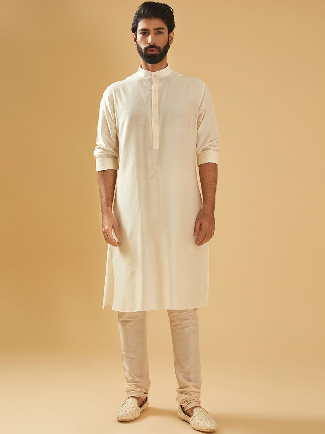 

RR Blue Striped Band Collar Straight Kurta, Off white