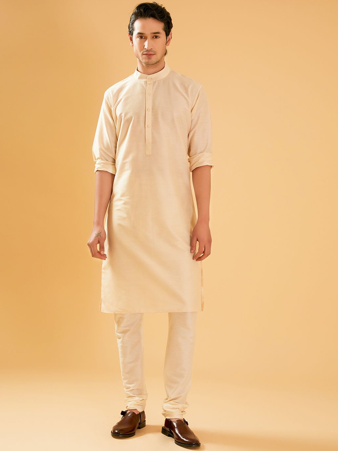RR Blue Band Collar Straight Raw Silk Kurta, Off white