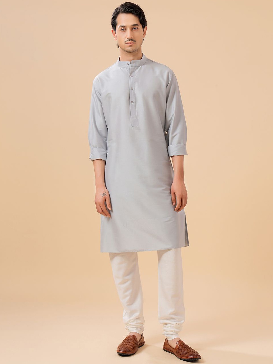 

RR Blue Band Collar Straight Raw Silk Kurta, Grey