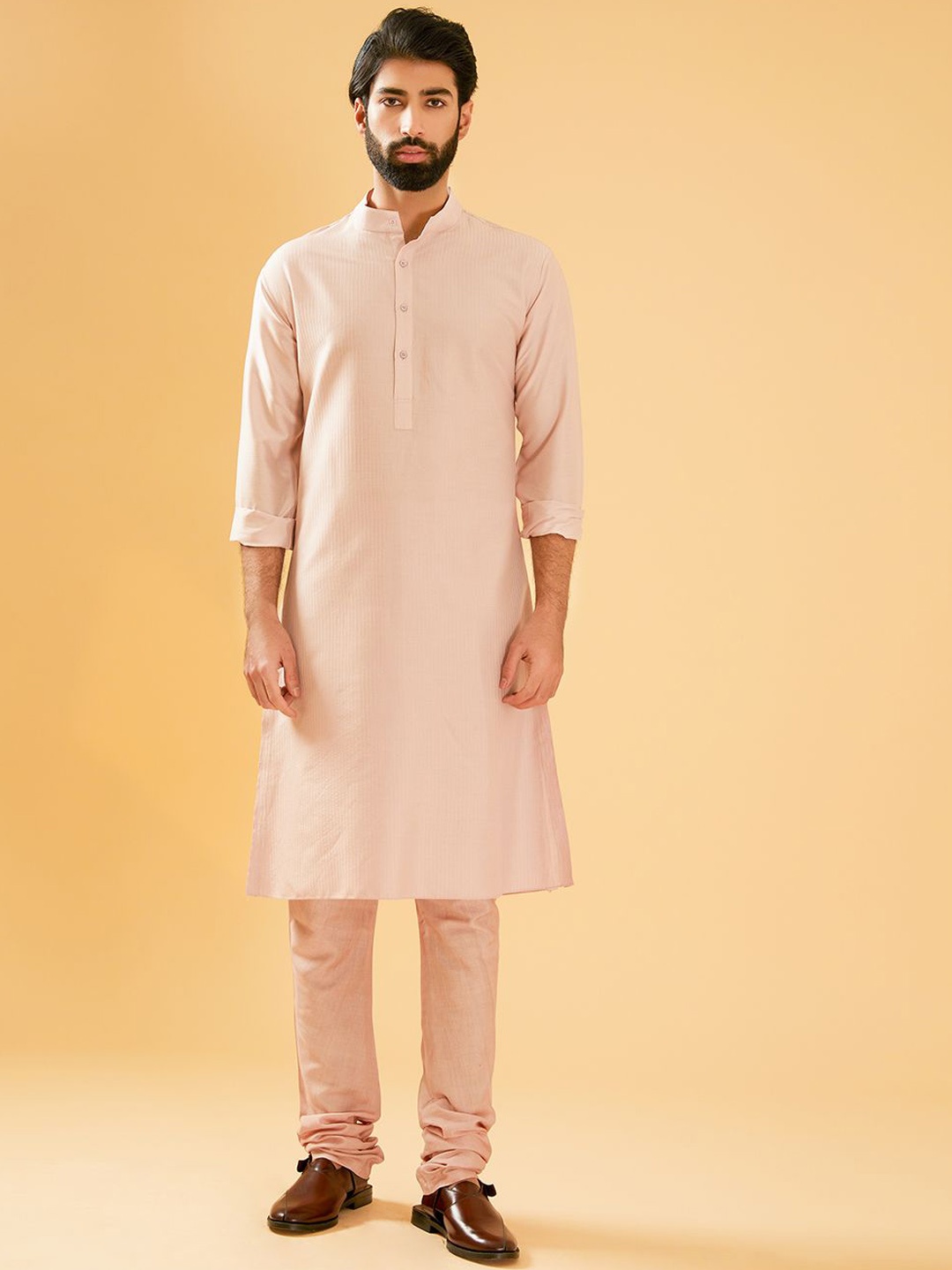 

RR Blue Striped Printed Band Collar Straight Raw Silk Kurta, Peach